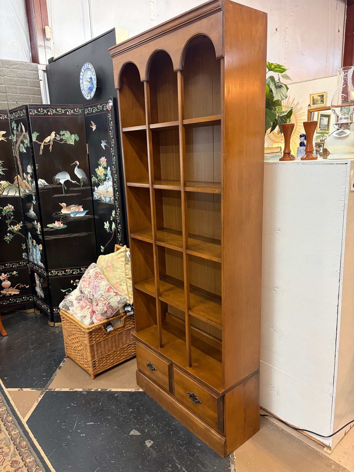 Vintage Arched Bookshelf with Lower Drawers