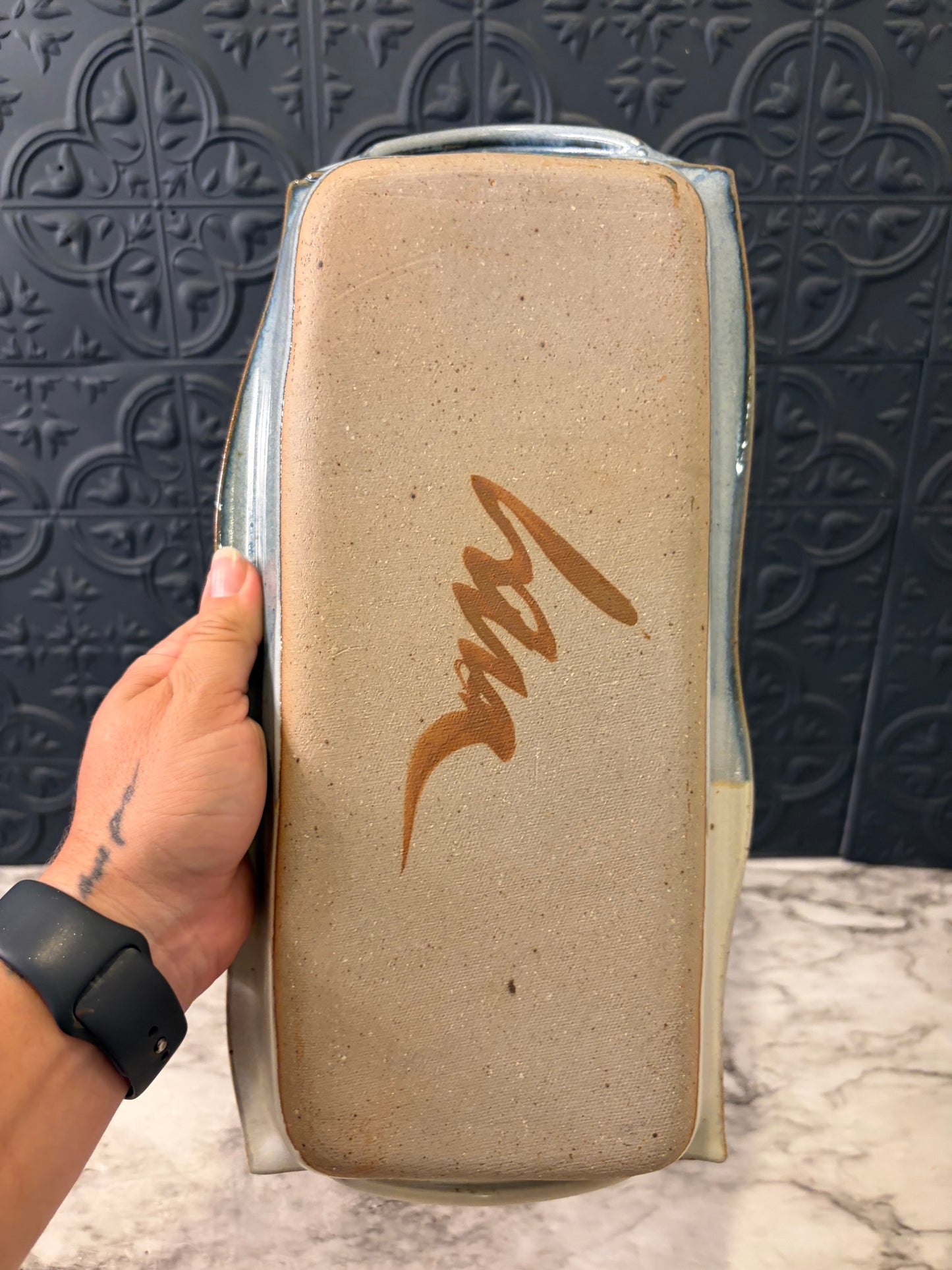 Studio Pottery Tray with Cream and Blue Handles