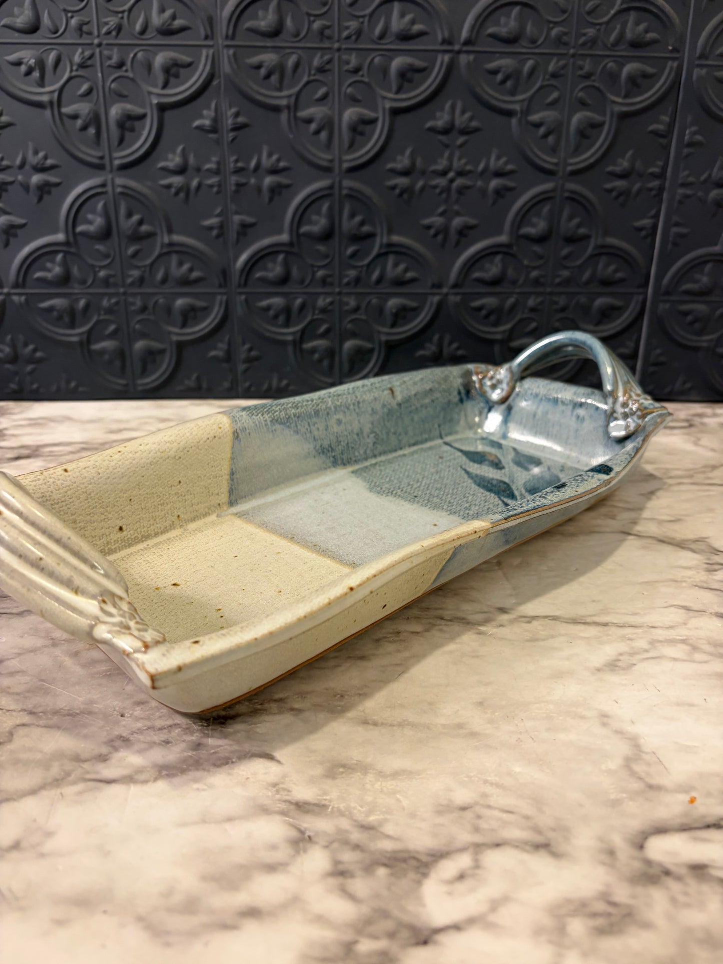 Studio Pottery Tray with Cream and Blue Handles