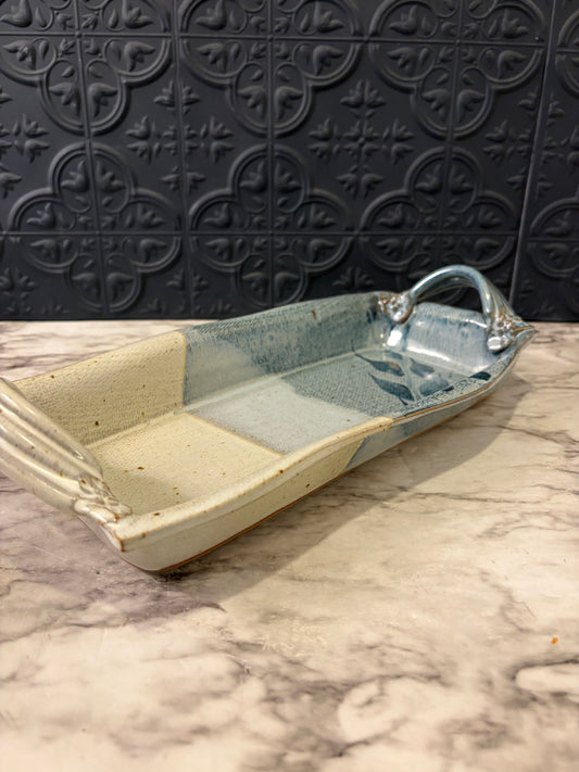 Studio Pottery Tray with Cream and Blue Handles