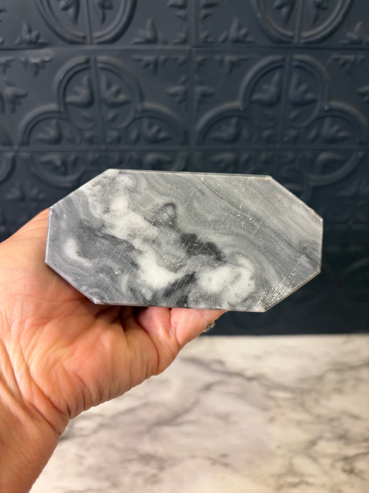 Grey and White Carved Marble Moon with Face