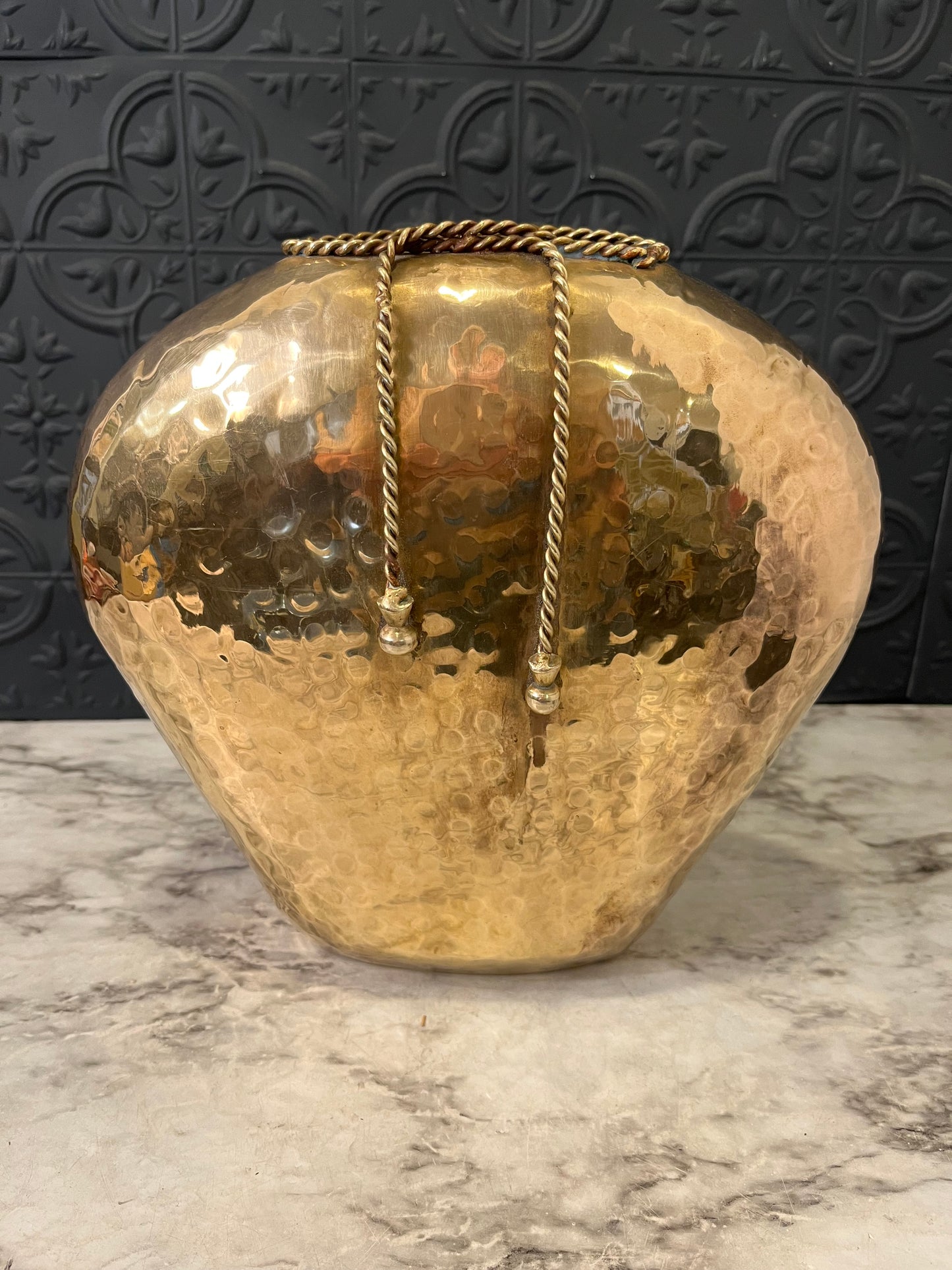 Dimpled Brass Vase Heart Shape with Rope Detail