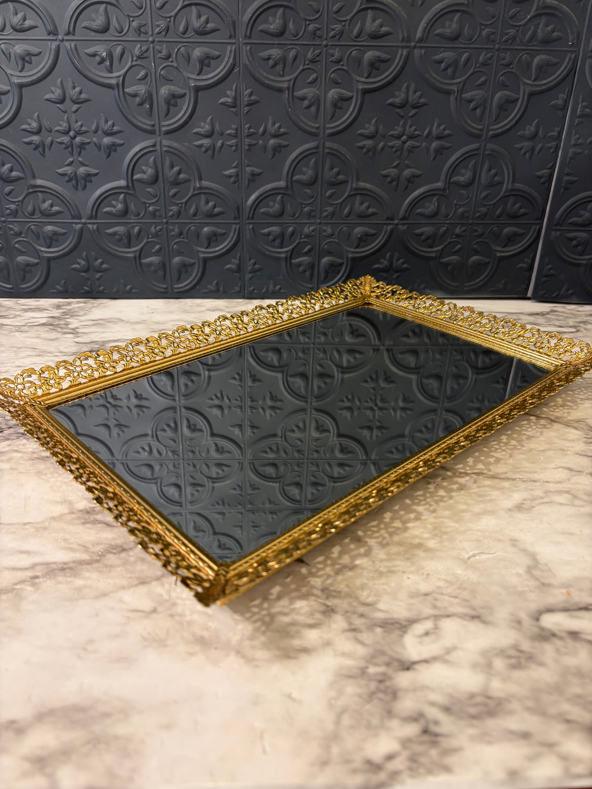 Brass Filigree Mirror Tray with Flowers 14.5"