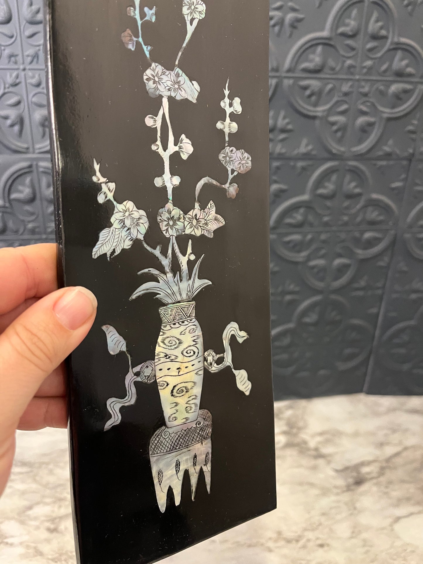 Black Laquer Asian Wall Panel Vase Spike with Mother of Pearl