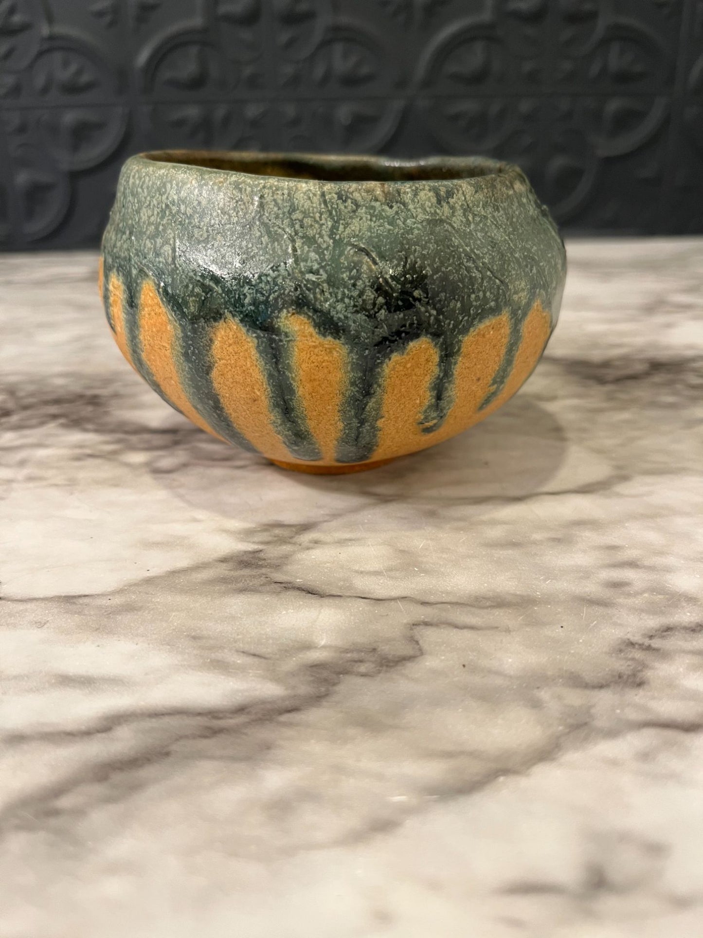 Small Tan Pottery Bowl with  Green Drip