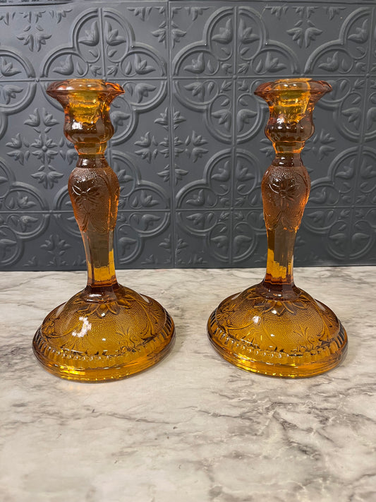 Amber Tiara Indiana Glass Candle Holders x2