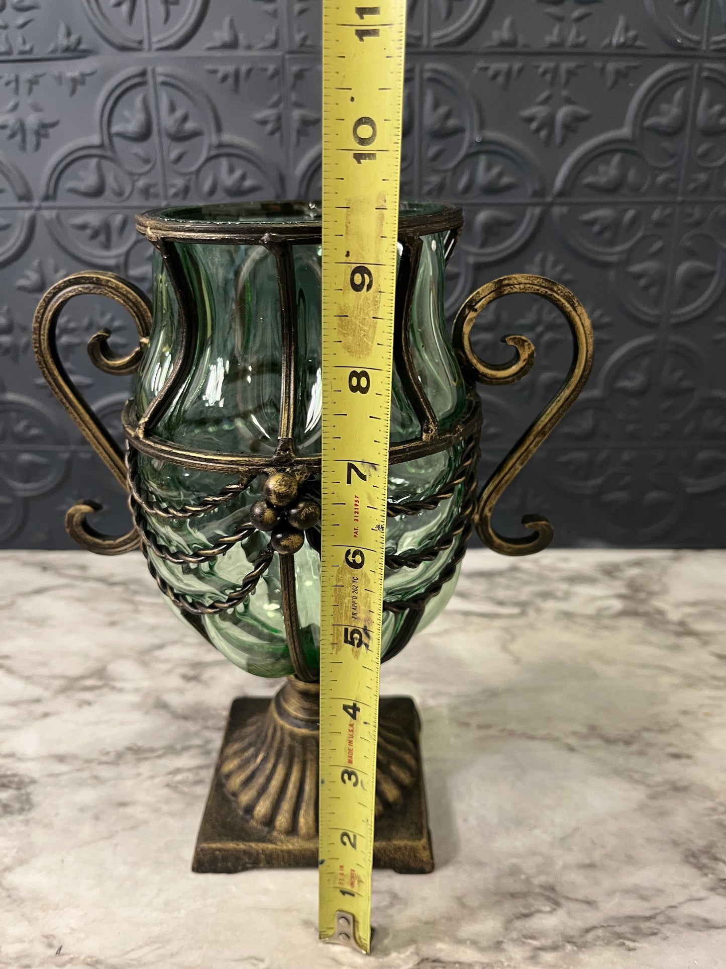Caged Green Glass Pedestal Vase