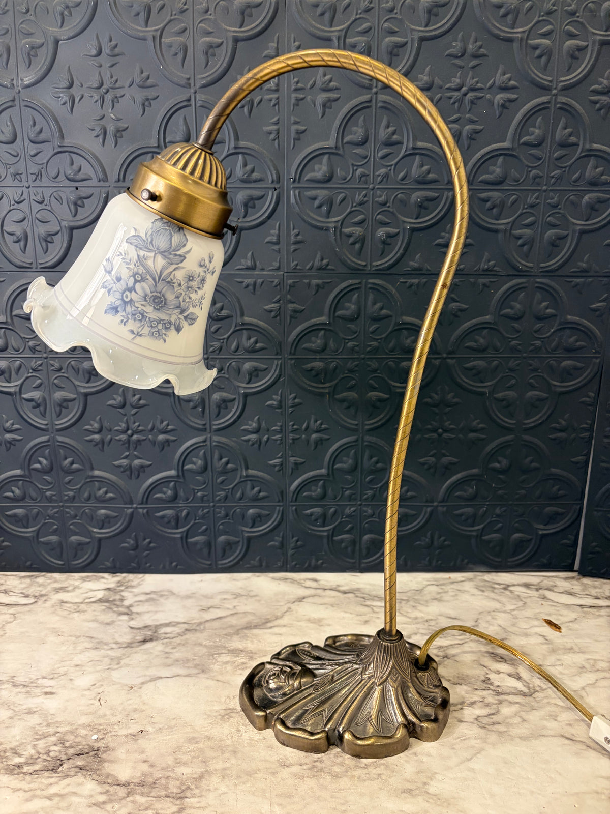 Lilly Pad Lamp with Blue Floral Glass and Rose Base