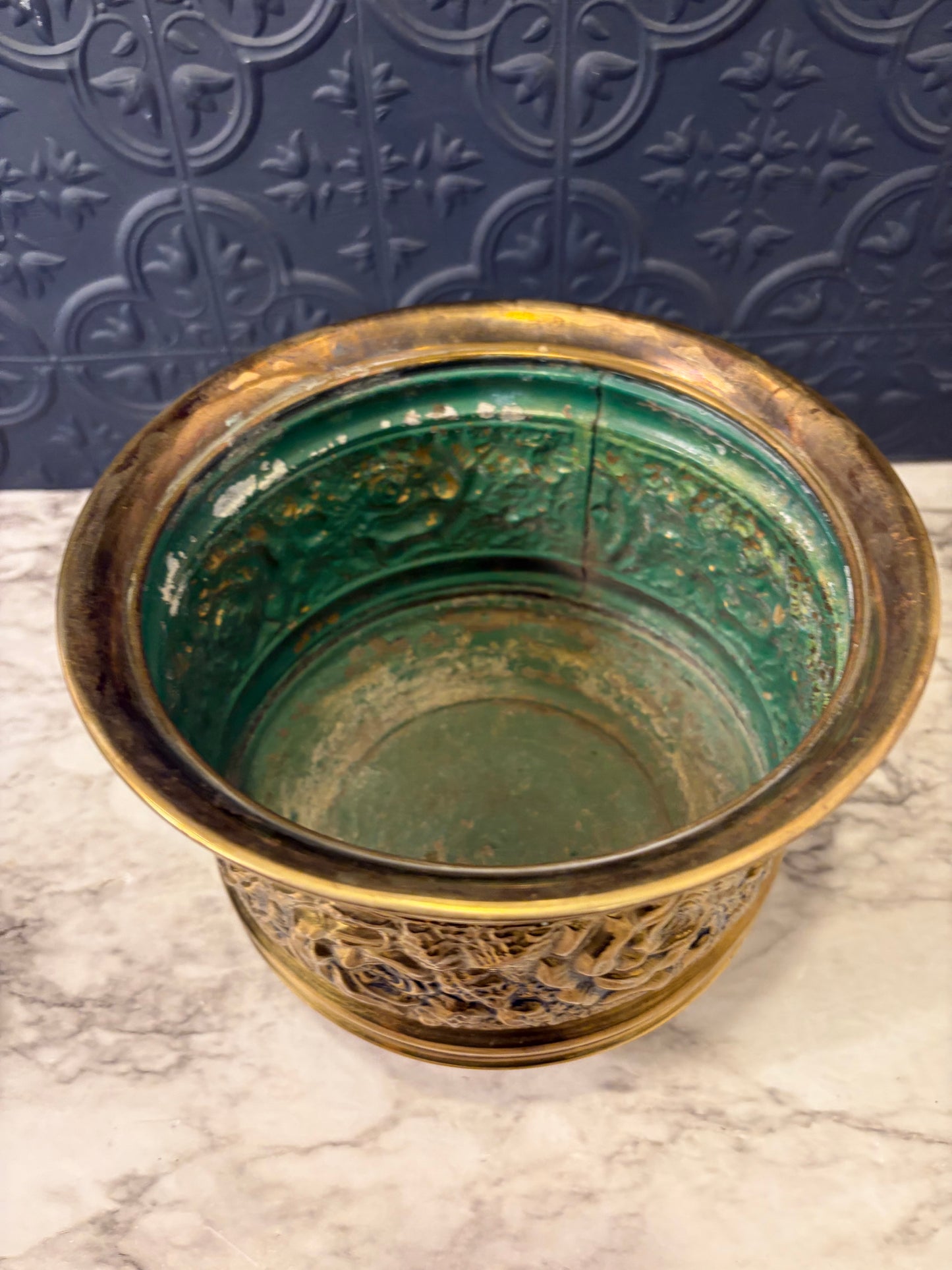 Brass Planter Pot with Rose Relief and Feet
