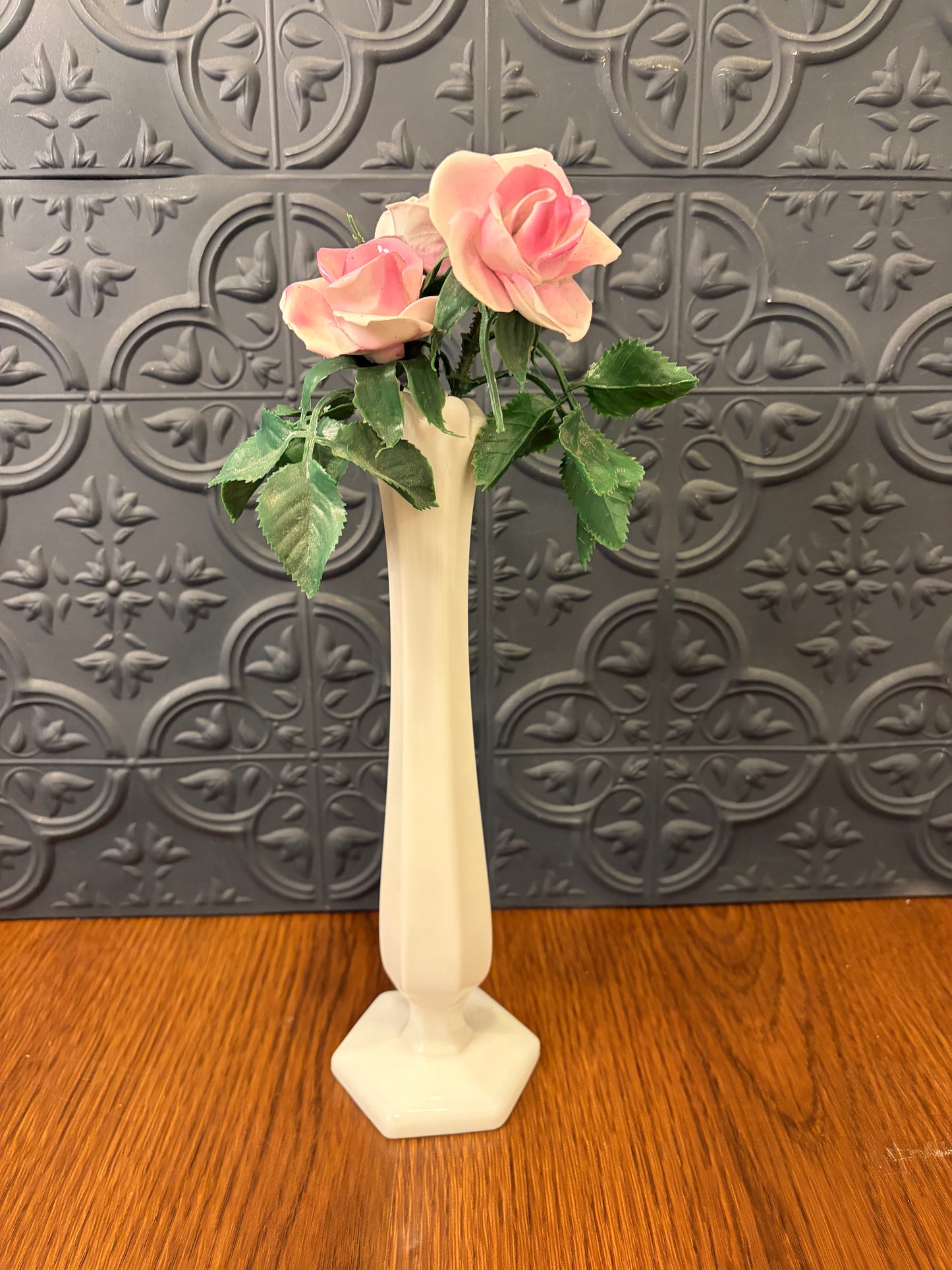 White Milk Vase with 3 Porcelain Roses
