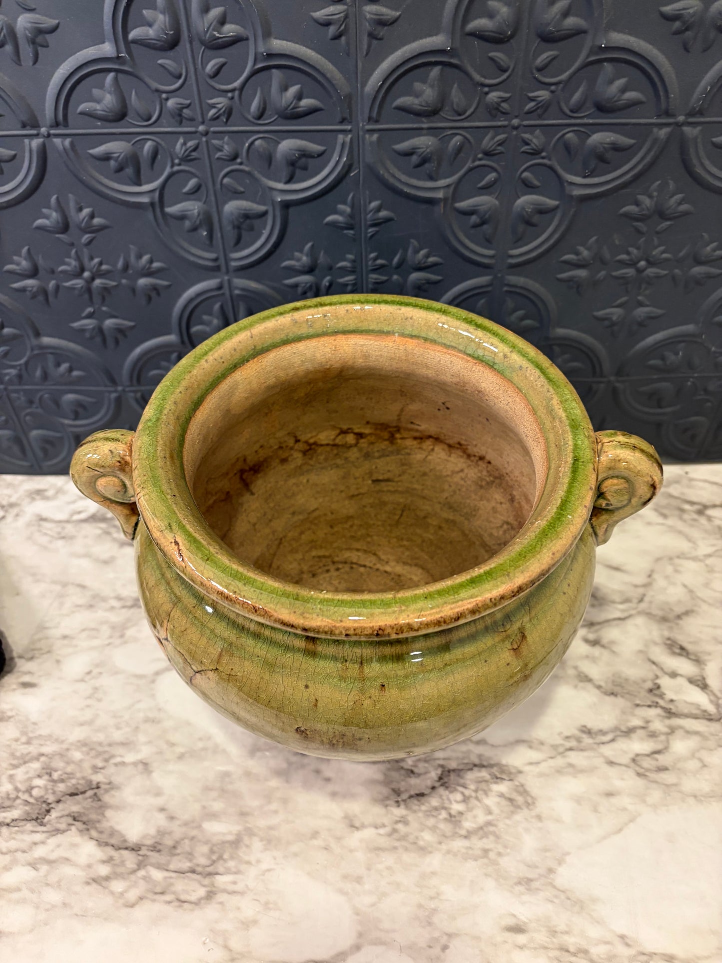 Green Glazed Pottery Pot with Handles