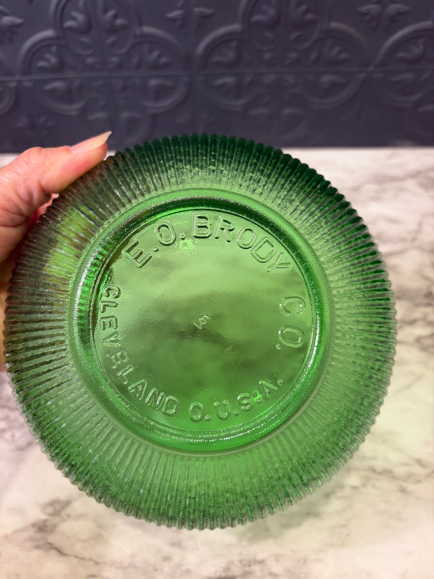 EO Brody Ribbed Round Green Glass Bowl