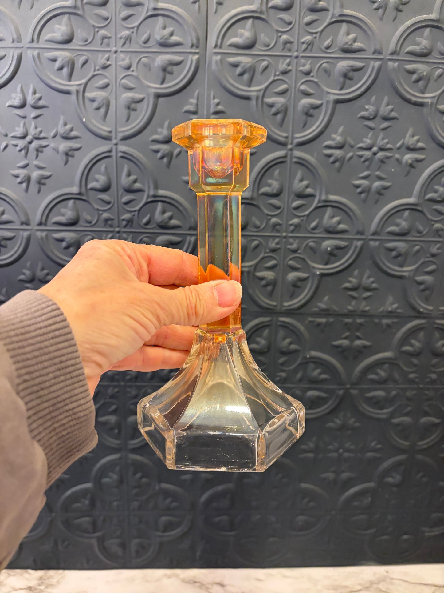 Carnival Glass to Clear Candle Holder