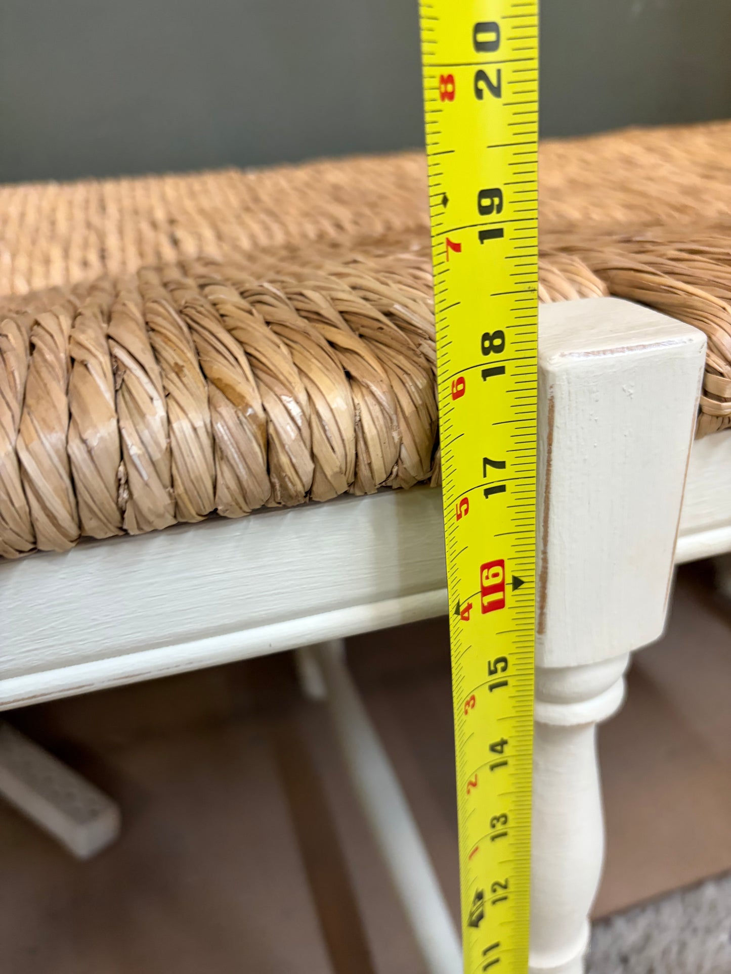 Wicker Bench with White Distressed Legs