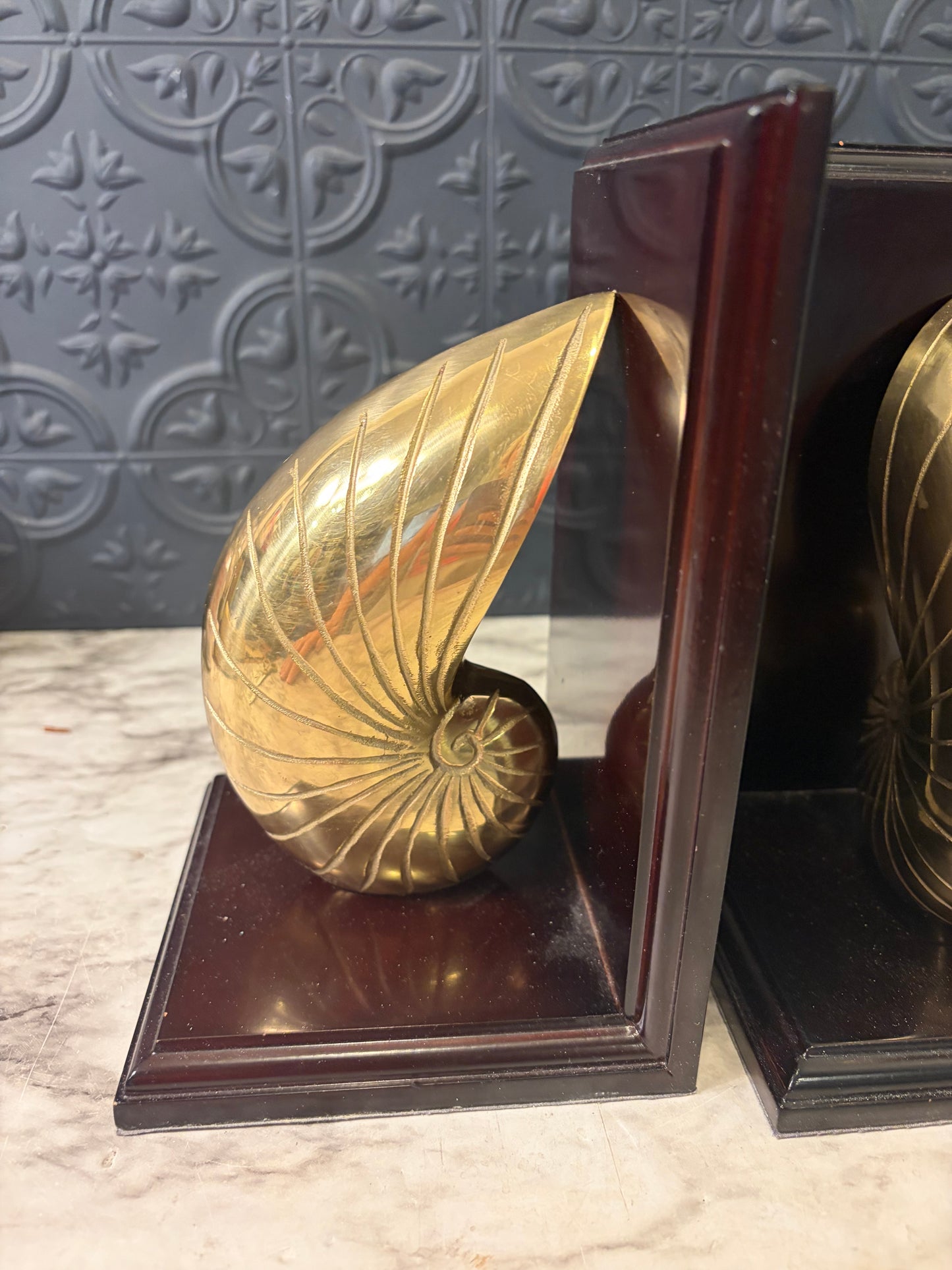 Brass and Wood Nautilus Shell Bookends