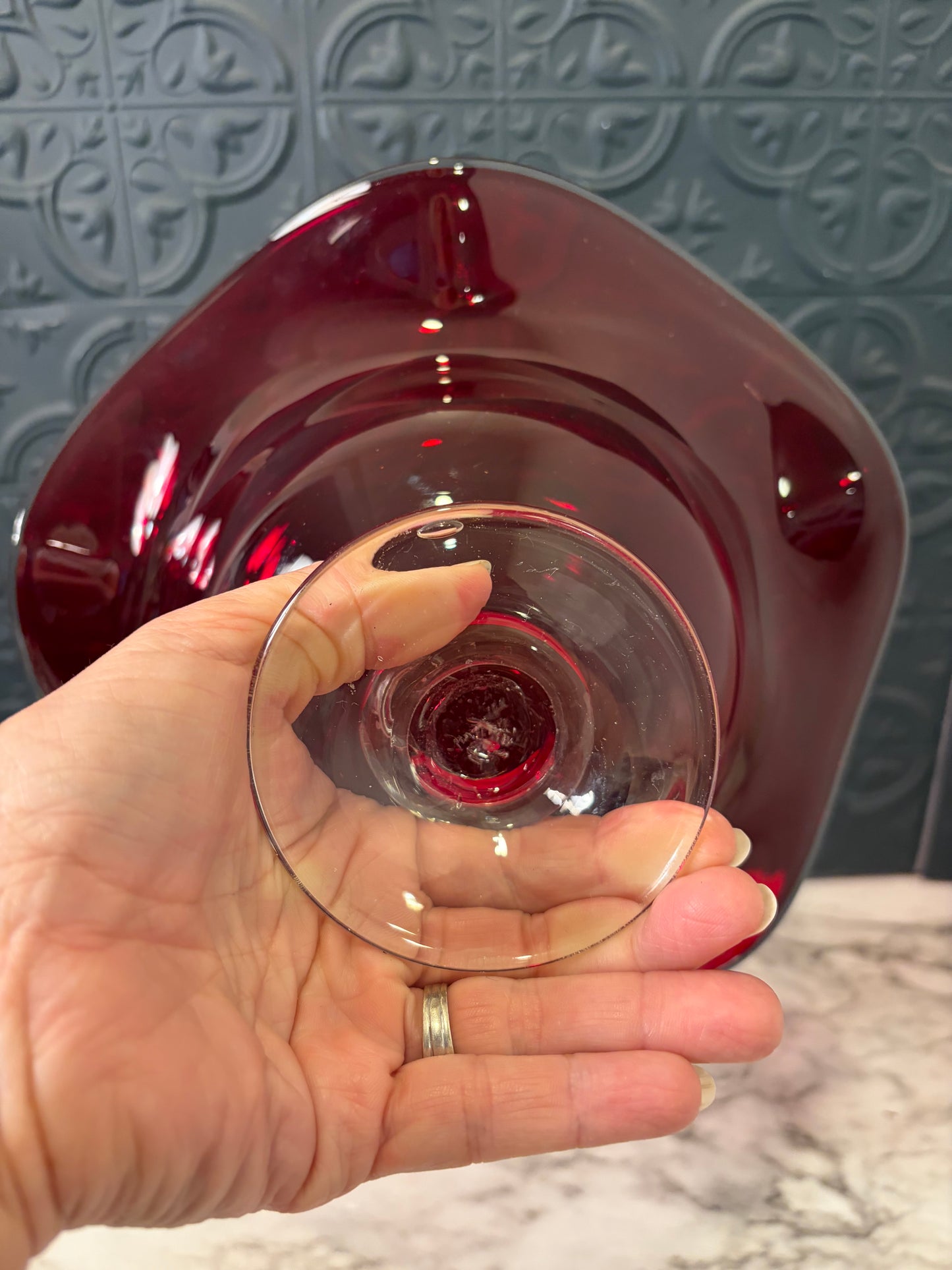 Ruby Red Glass Pedestal Bowl