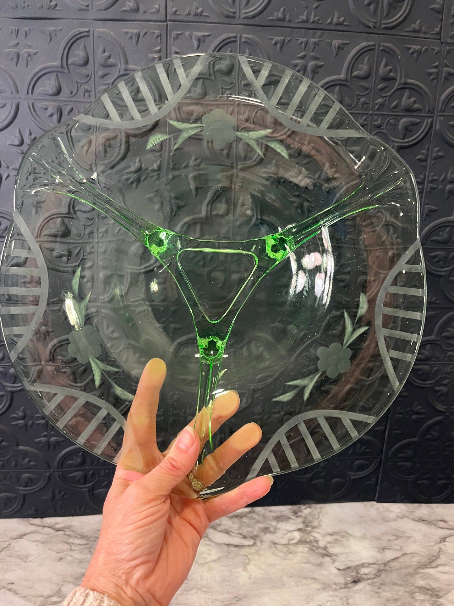 Etched Fostoria  Glass Bowl UV Reactive