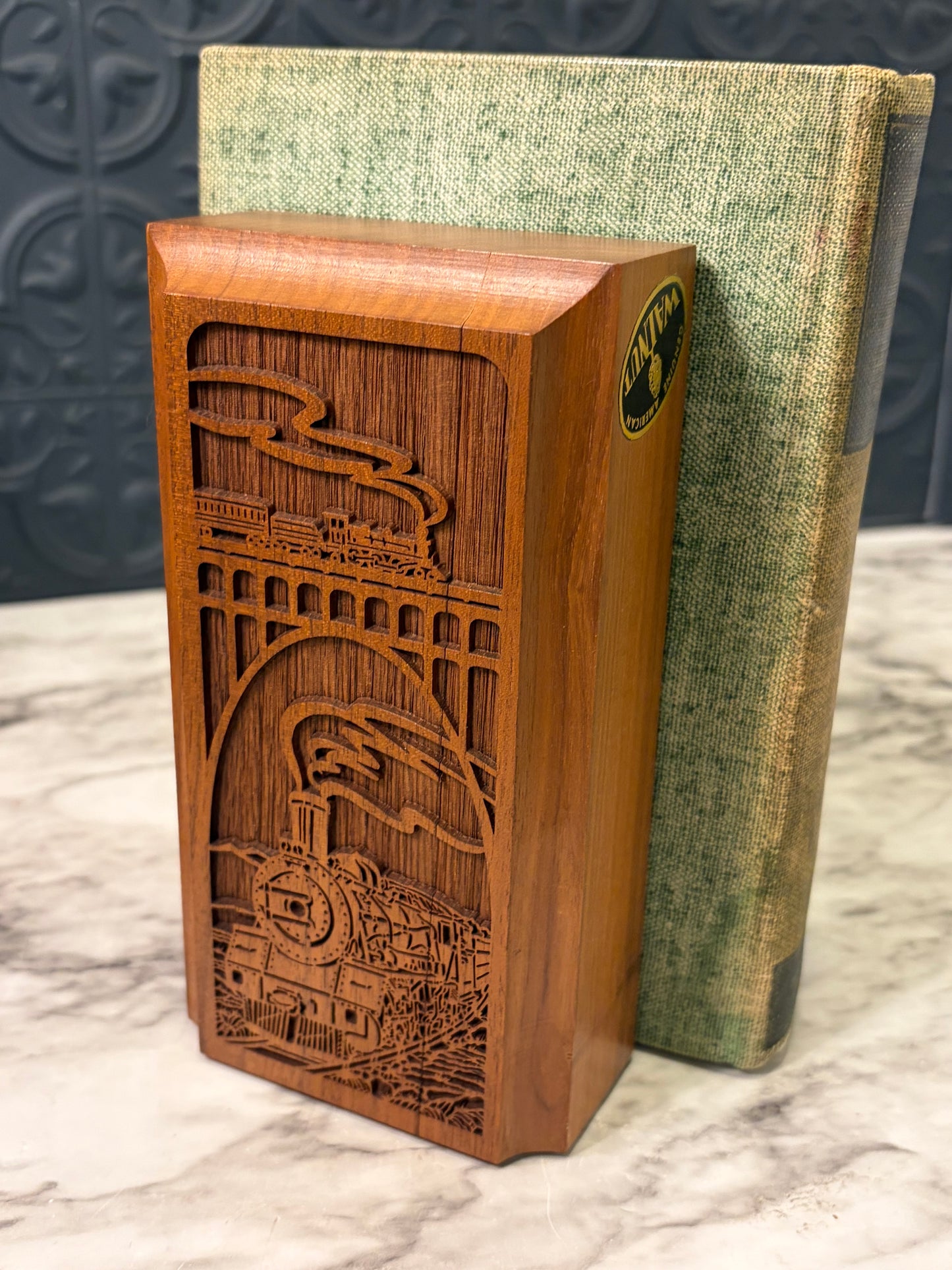 Walnut Wood Lazer Cut Train Bookends