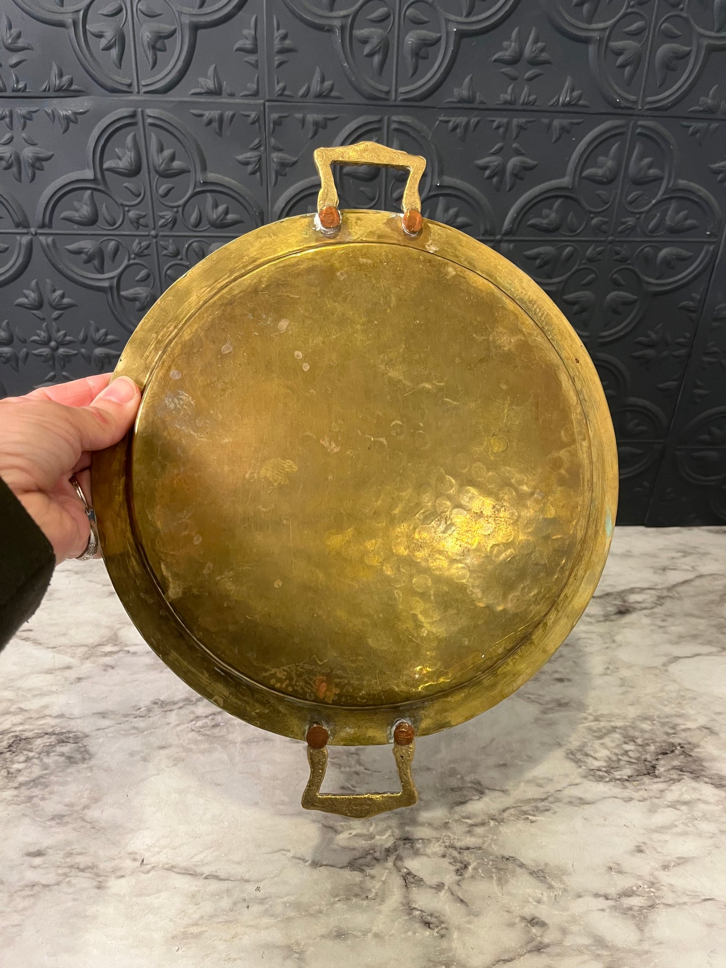 Round Dimpled Brass Platter with Handles