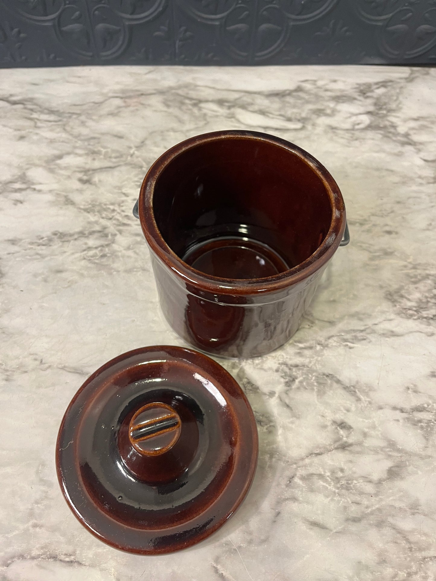Brown Stoneware Crock with Wire top