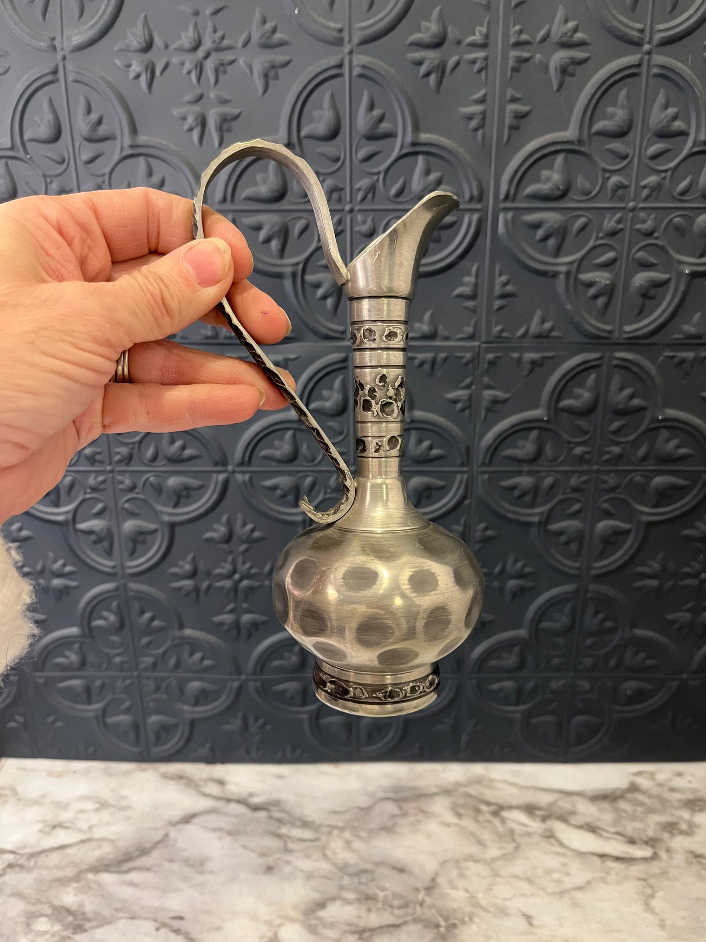 Norwegian Pewter Pitcher with Hammered Base