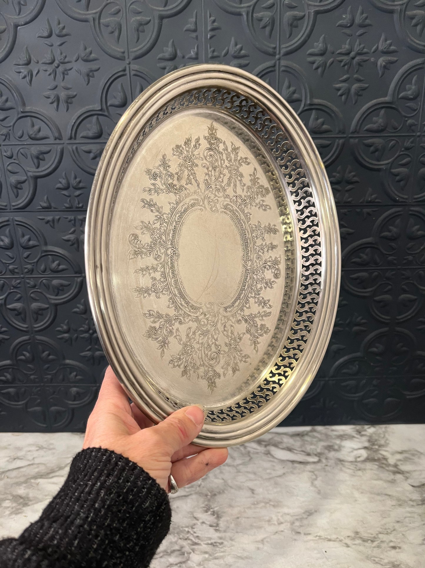 Small Oval Silverplated Etched Tray