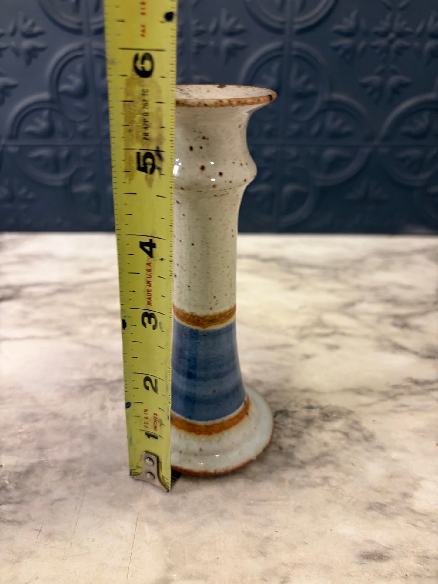 5.5" Stoneware Pottery Candle Holder Blue and Orange Stripes