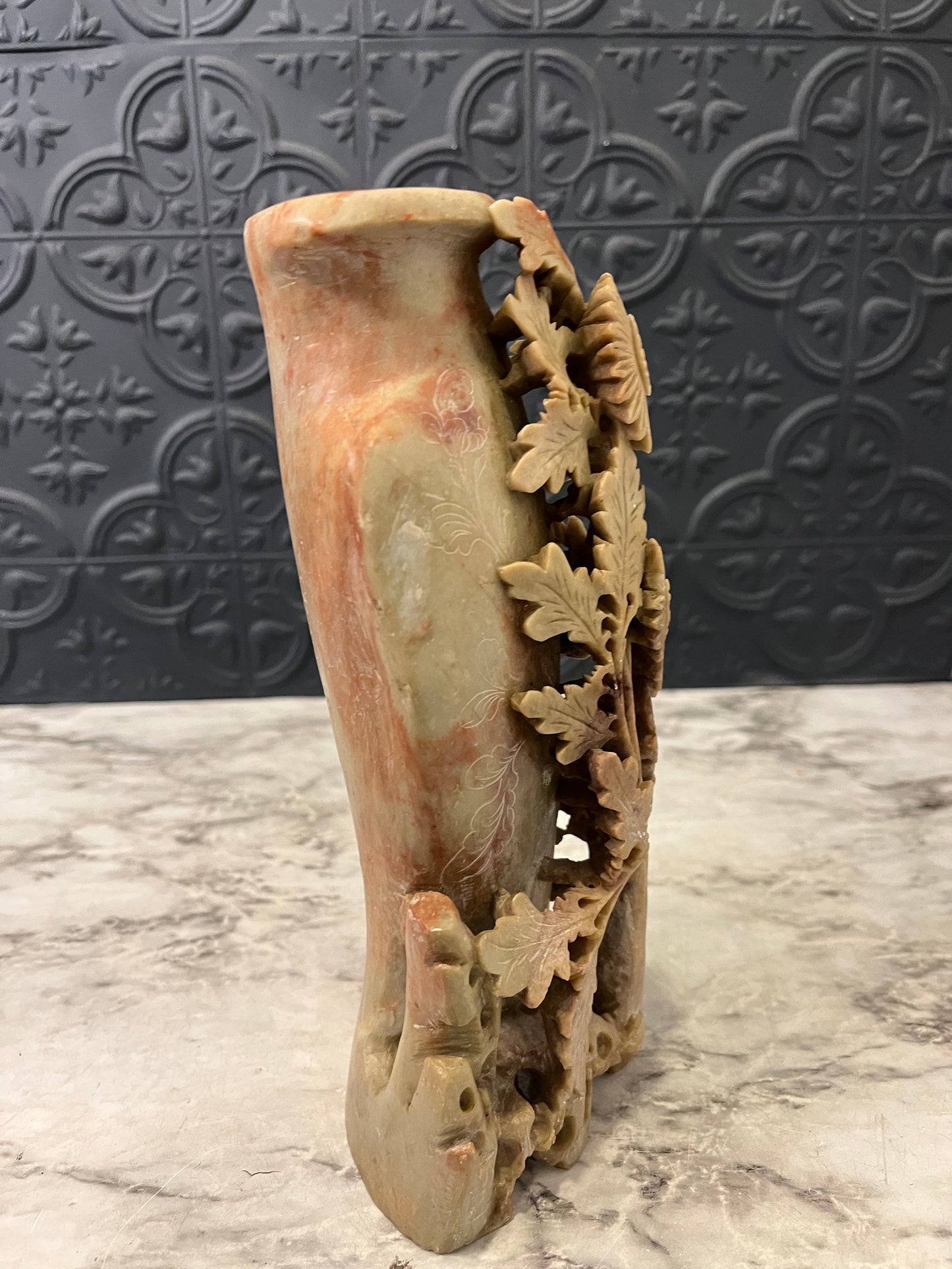 Carved Soapstone Vase with Florals Tall