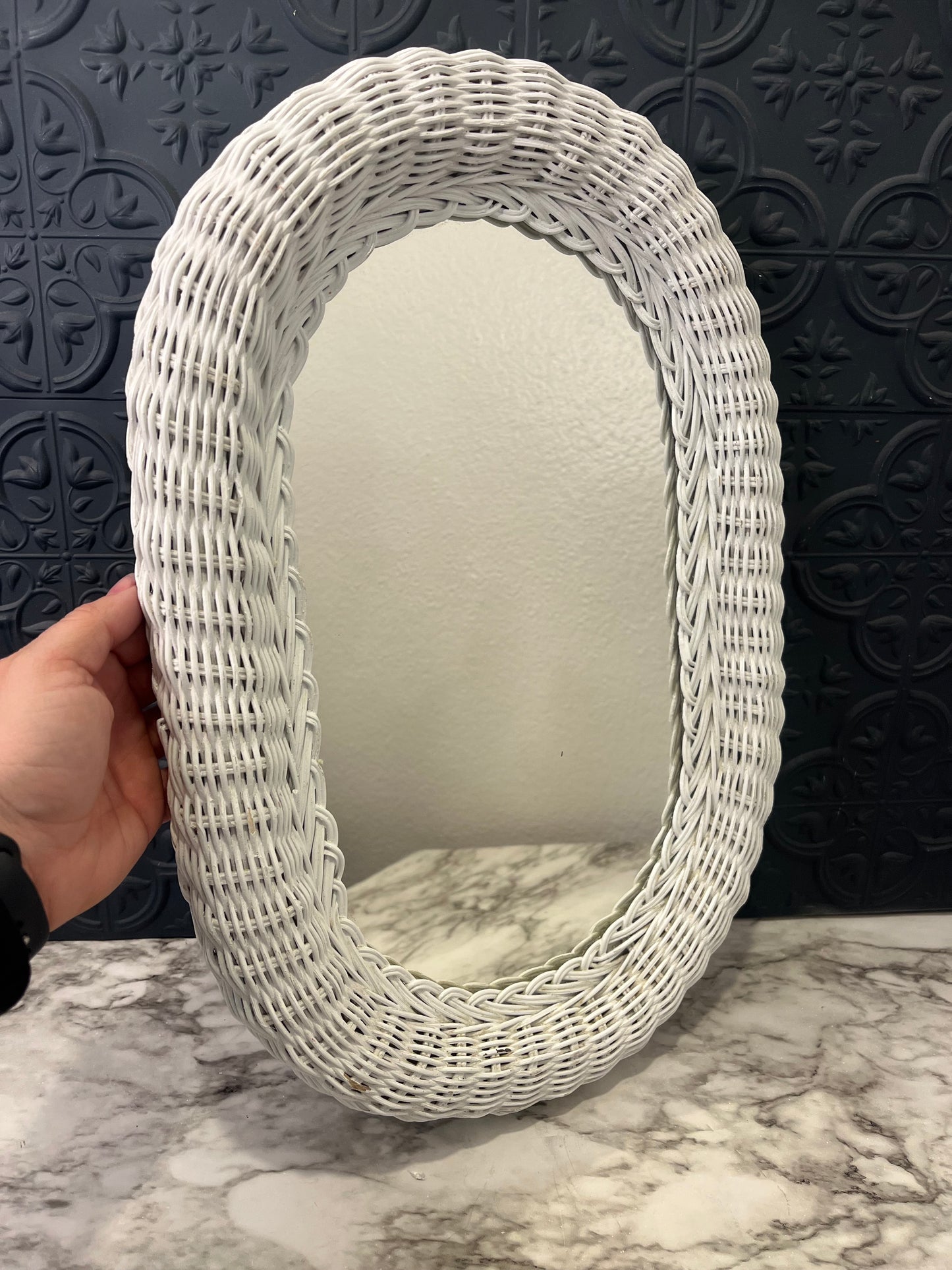 Oval White Wicker Mirror 17.5"