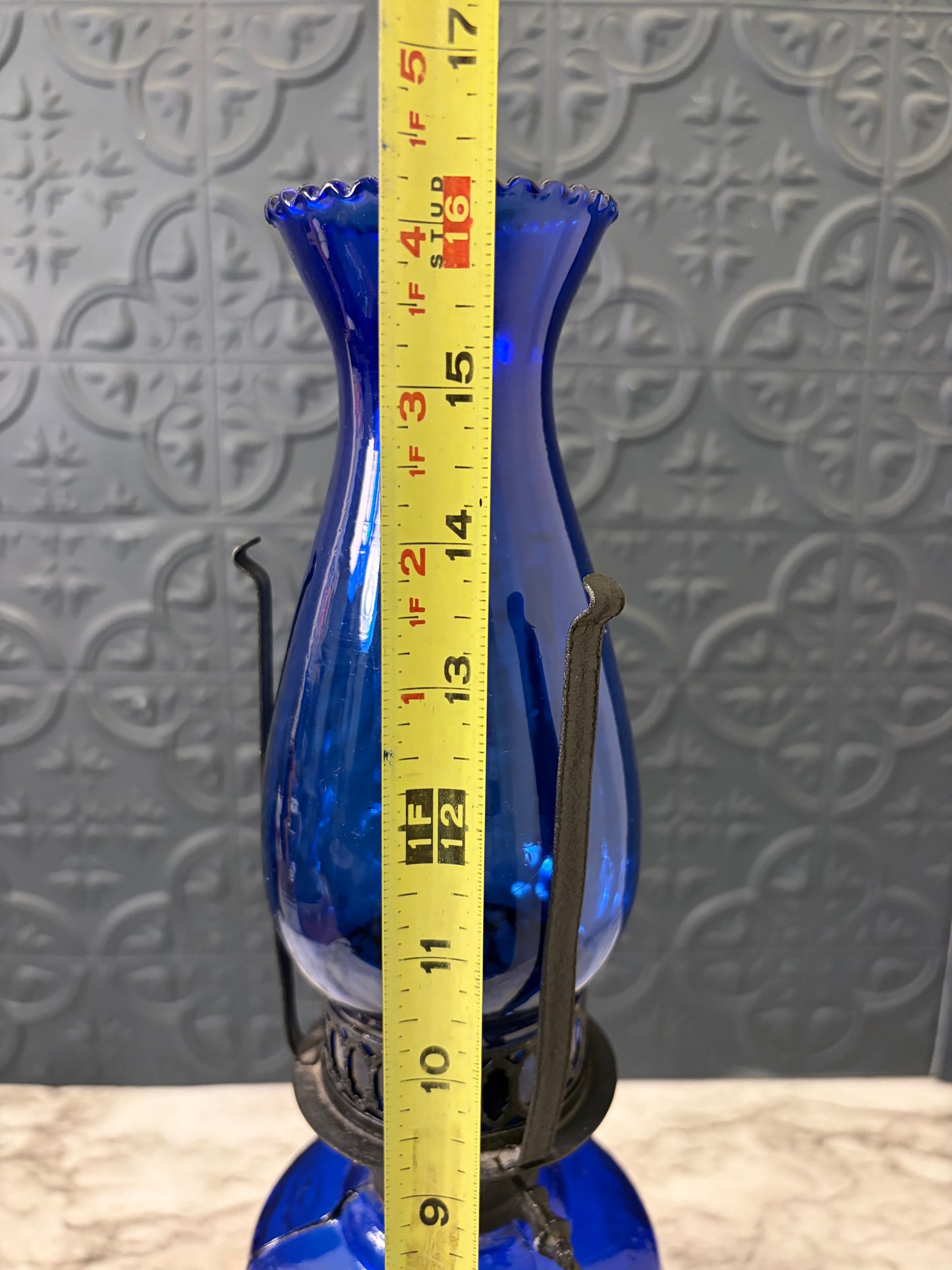 Cobalt Blue Glass and Black Oil Lamp AS IS