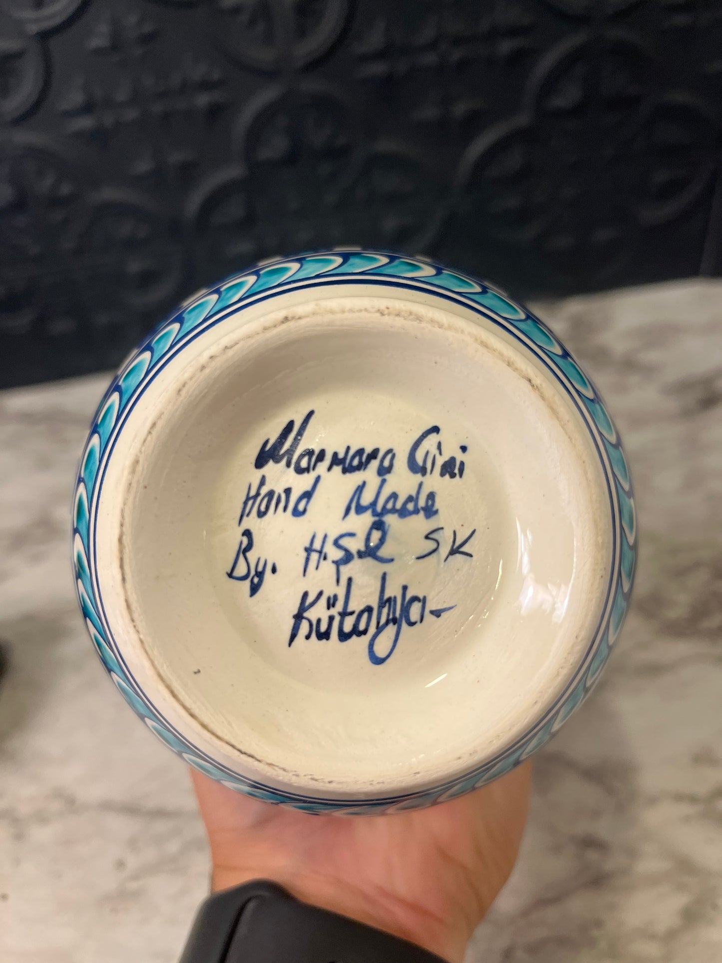 Turkish Pottery White Vase with blue and Turquoise