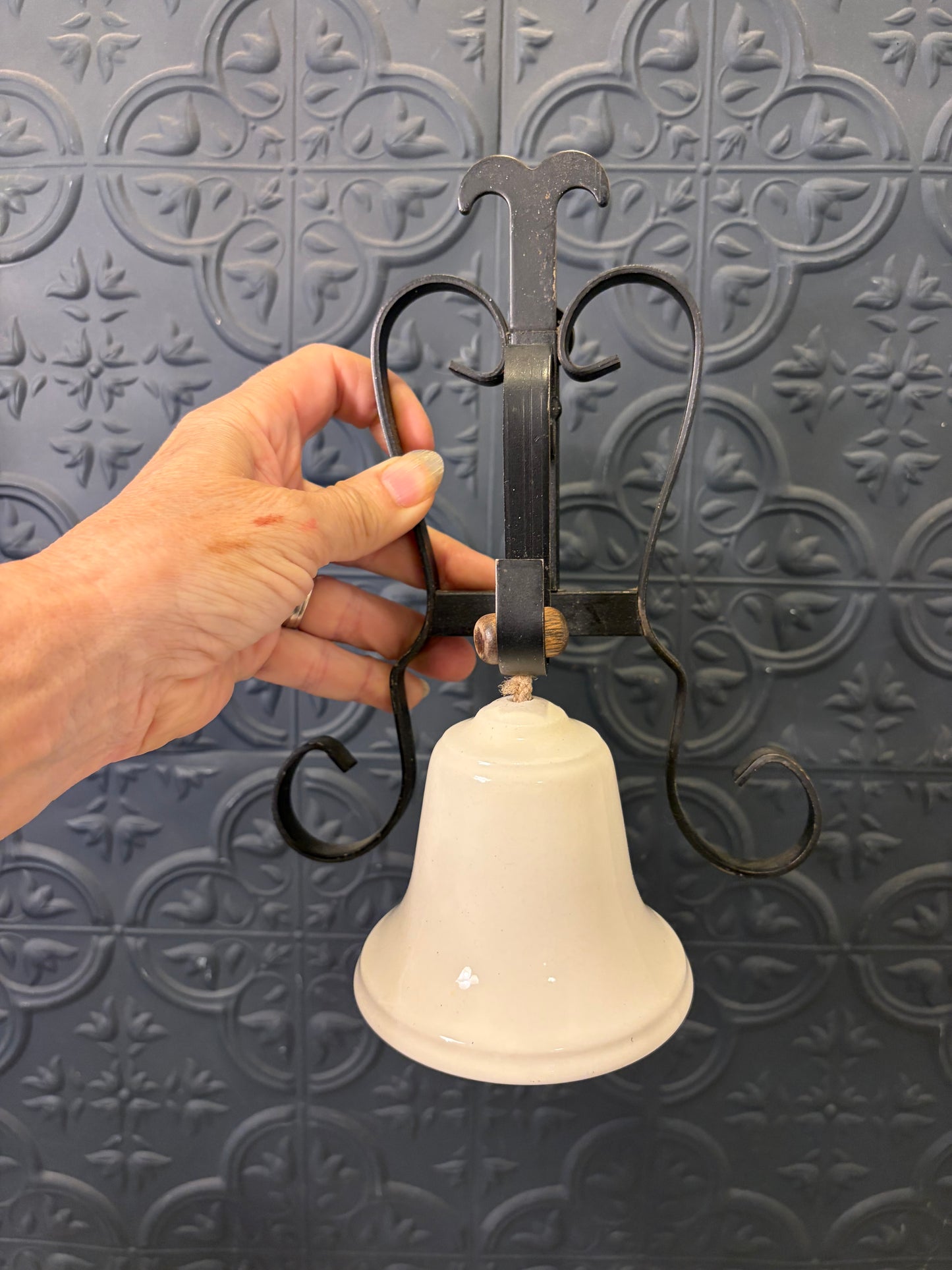 Vintage Wrought Iron and Ceramic Dinner Bell