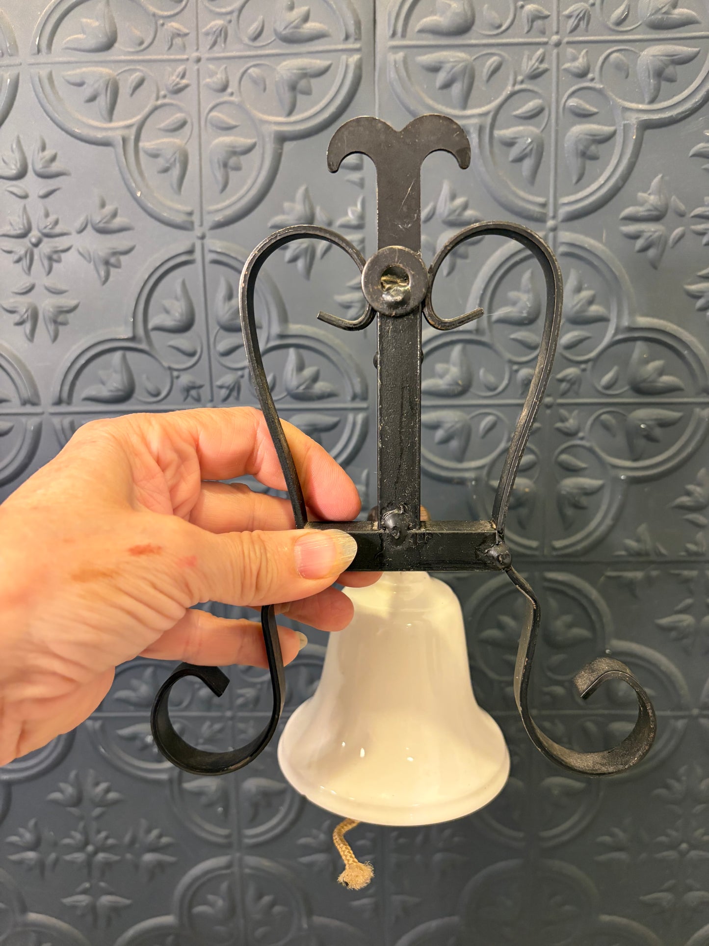 Vintage Wrought Iron and Ceramic Dinner Bell