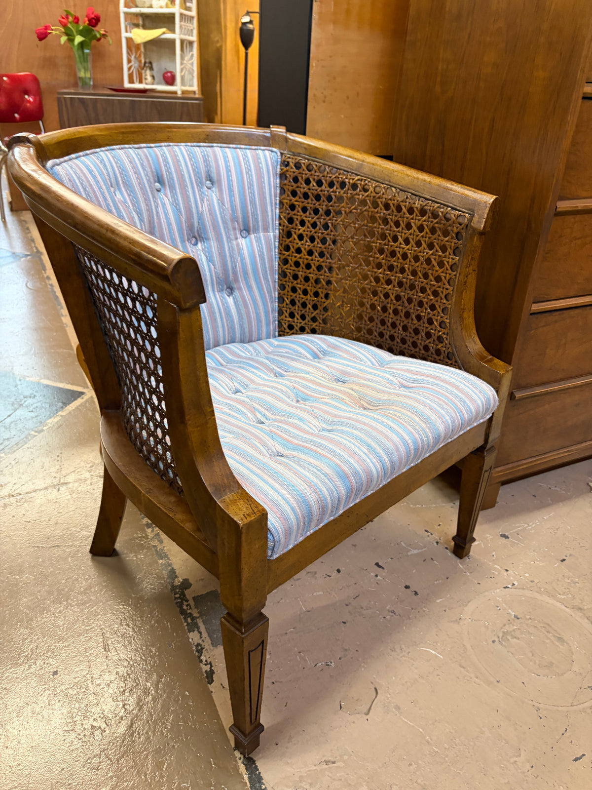 Vintage Chair with Cane Sides and Pastel Fabric