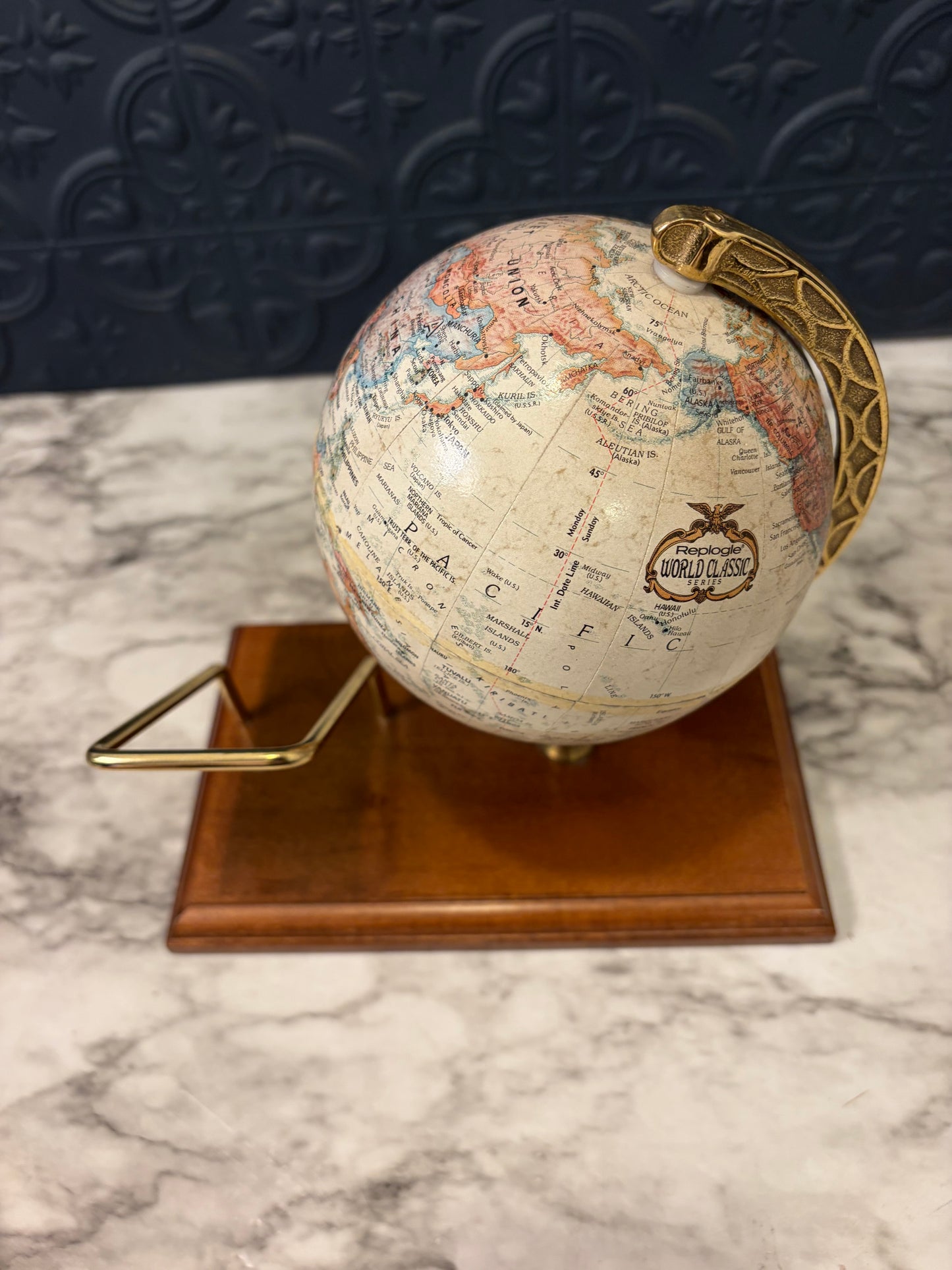 Wood and Brass Globe Desk Organizer