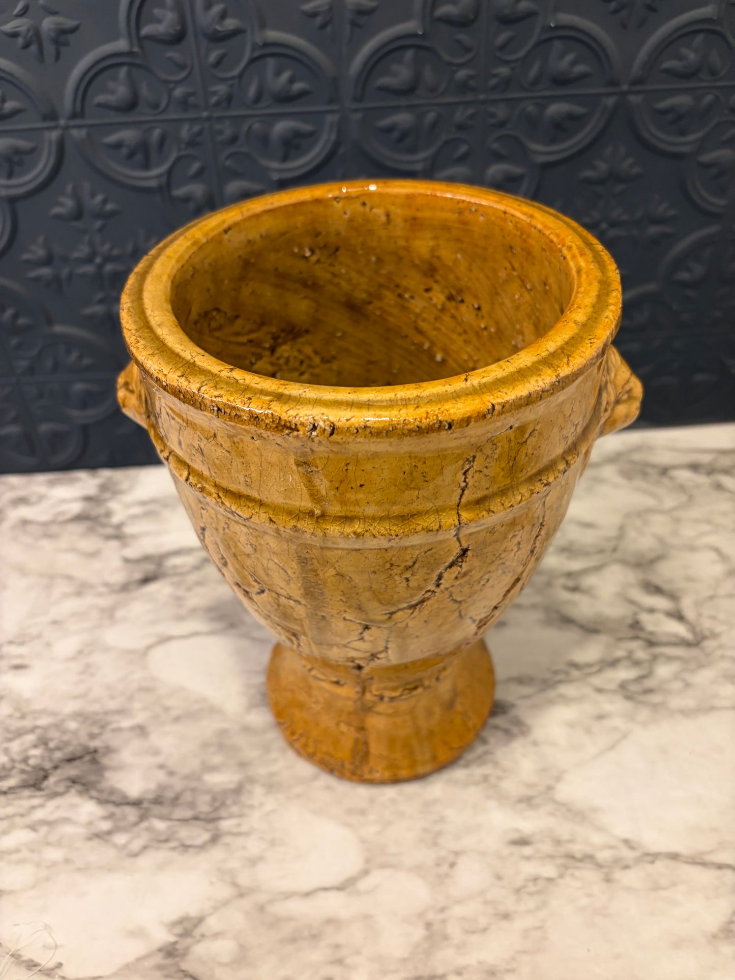Mustard Crackle Urn with Lion Heads