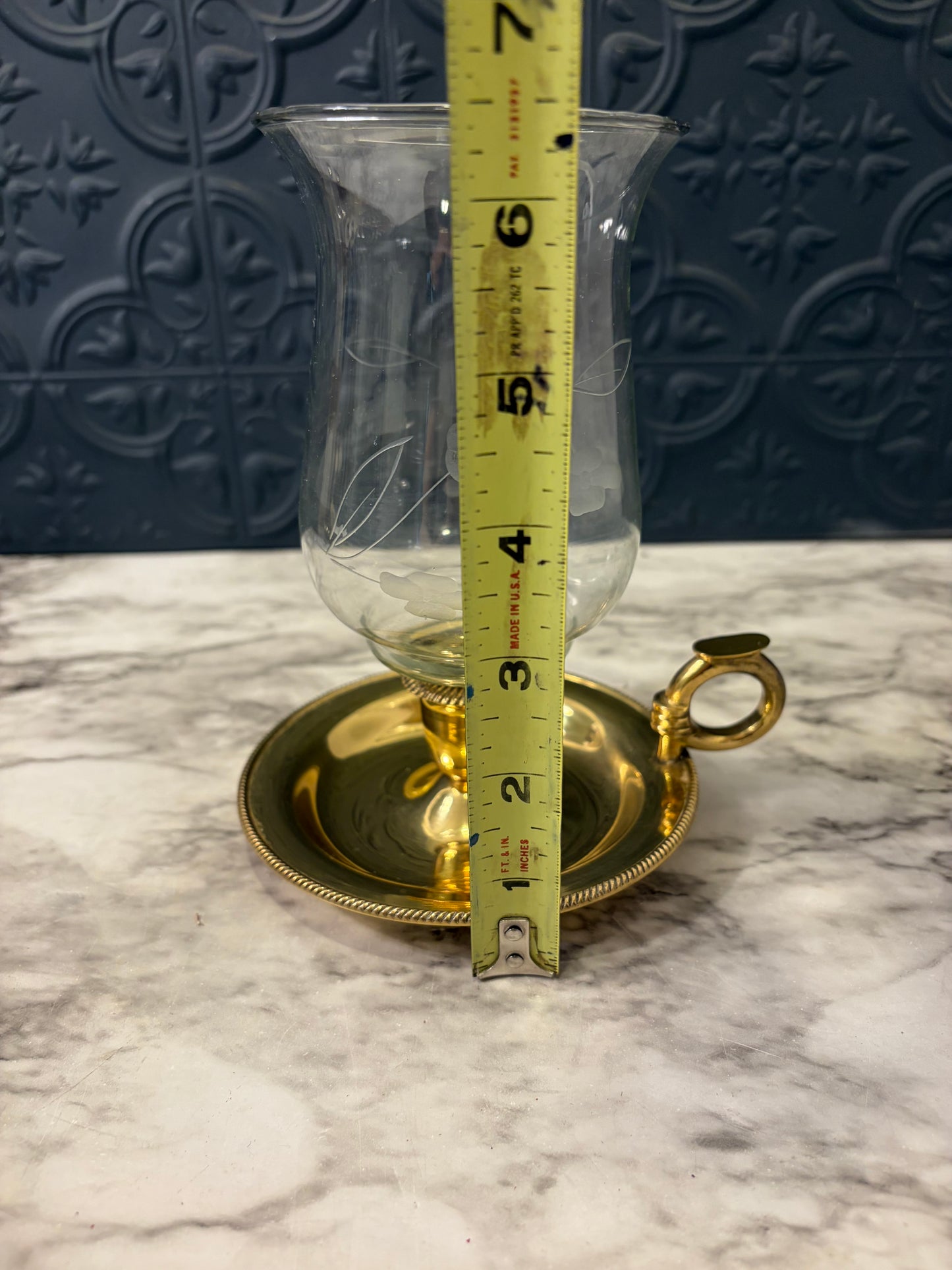 Brass Chamber Candle with Etched Hurricane
