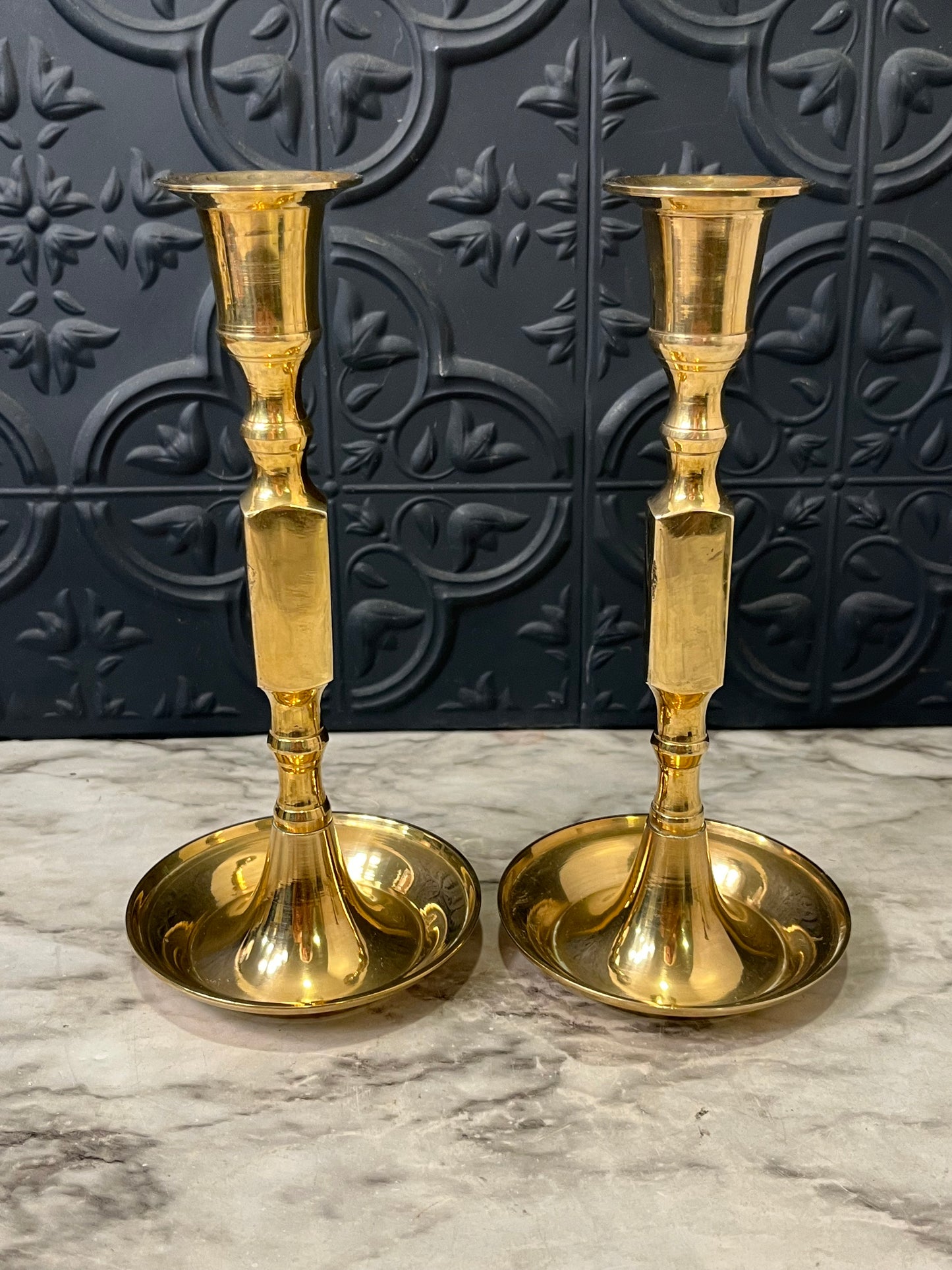 Brass candlesticks set Square center 7"