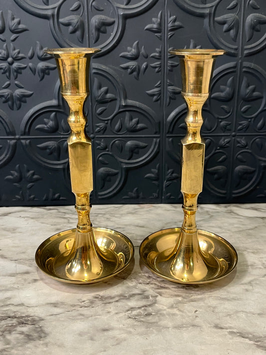 Brass candlesticks set Square center 7"