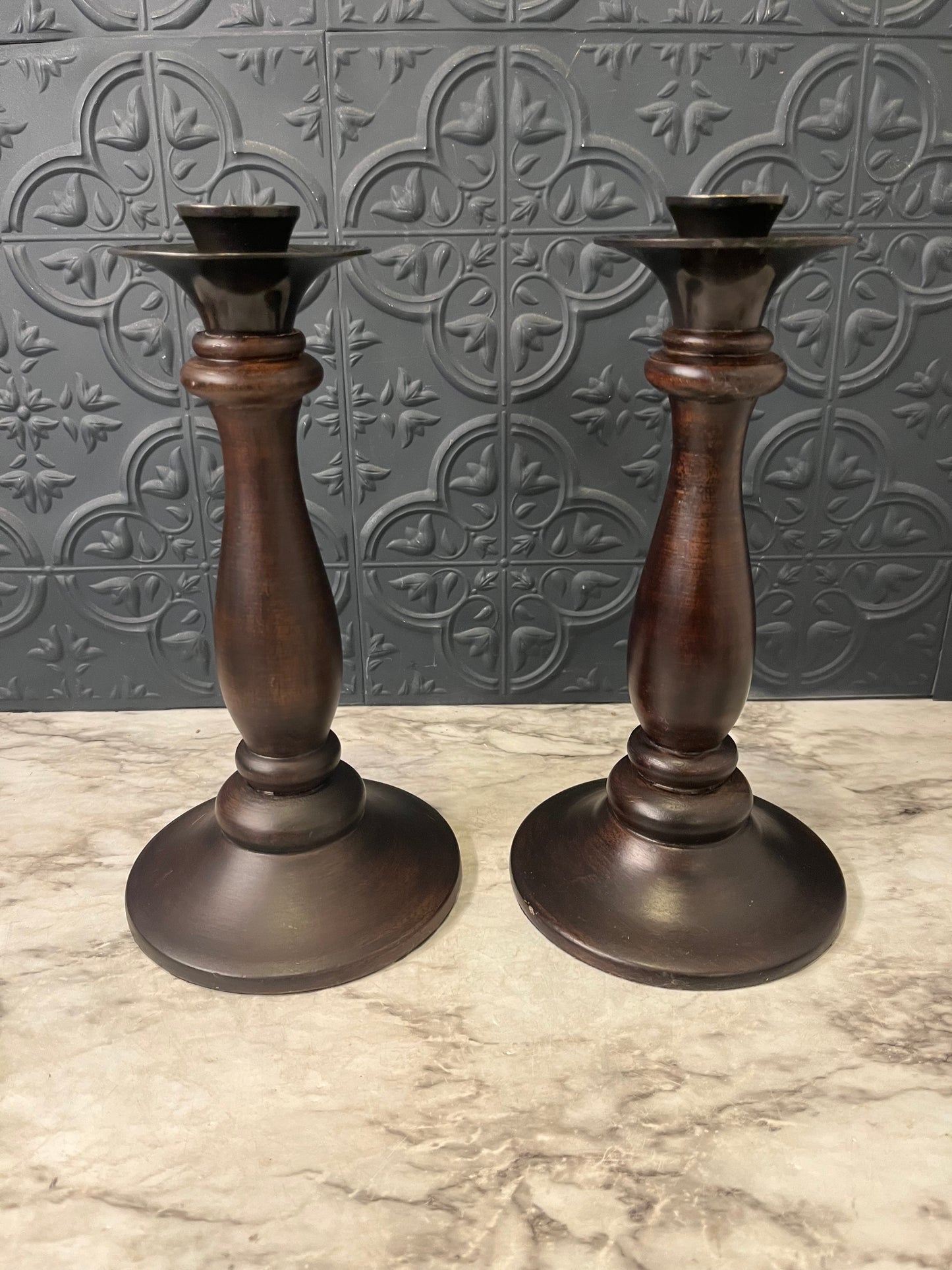 Pottery Barn Wood and Metal Candle Holder x 2