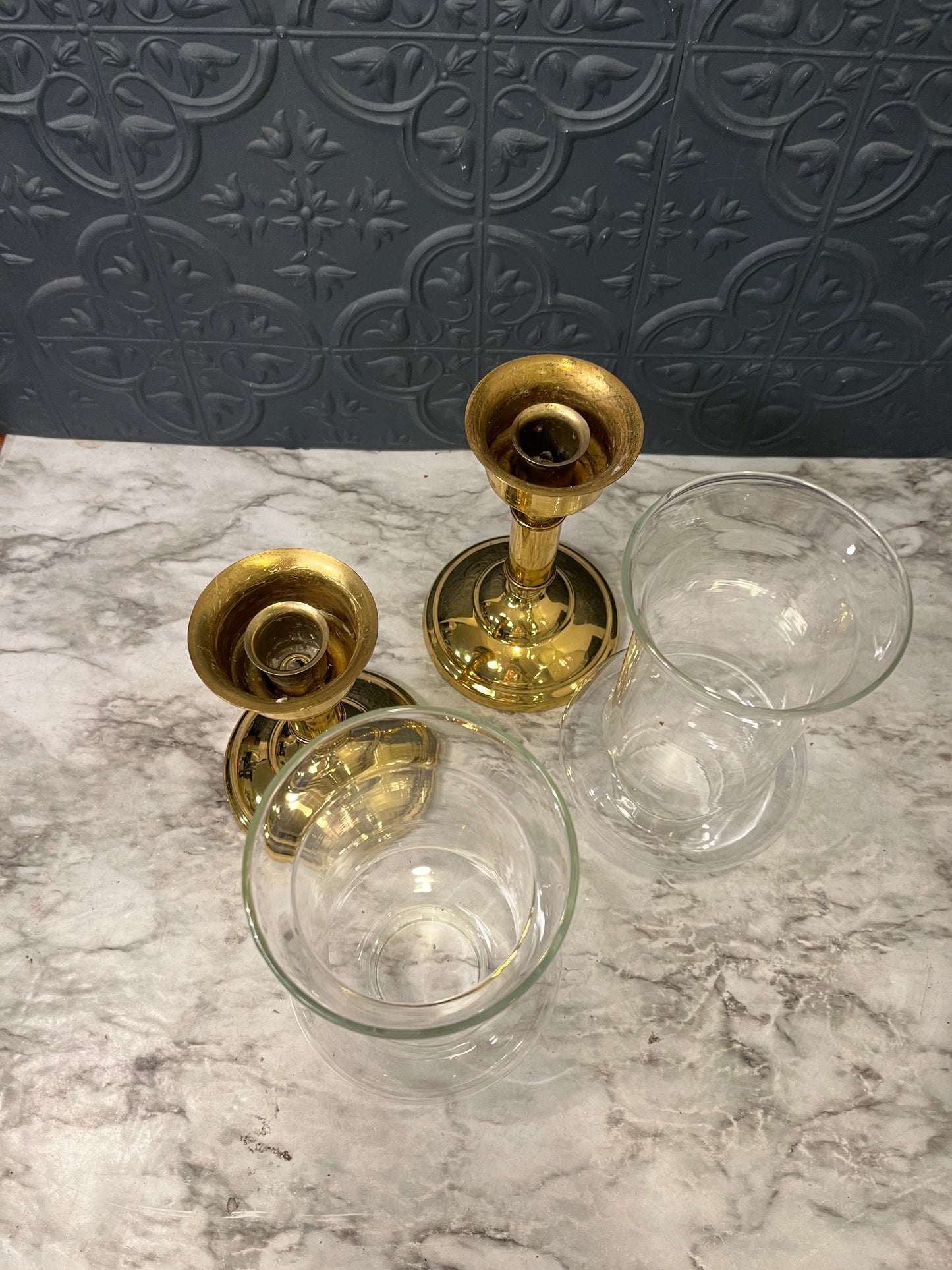 Pair of Brass and Glass Hurrican Candle Holders  11.5 & 12.5"