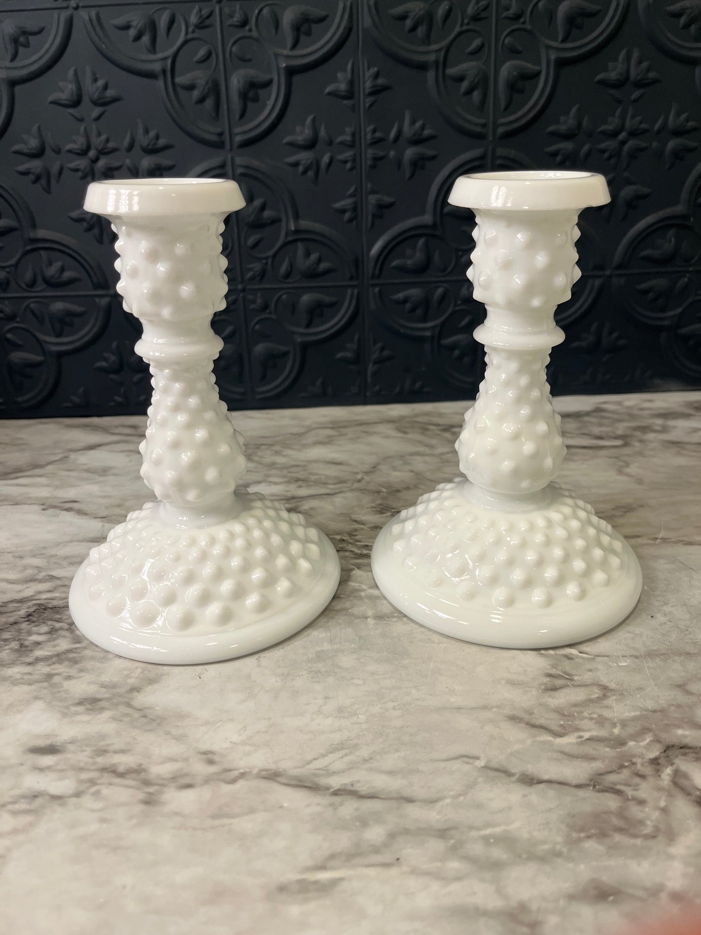 Fenton Milk Glass Hobnail Candle Holder set of 2