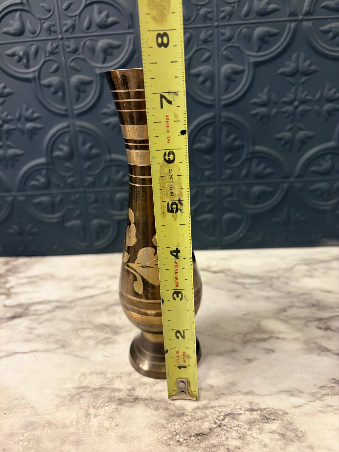 Black and Gold Etched Brass Vase 7.5"