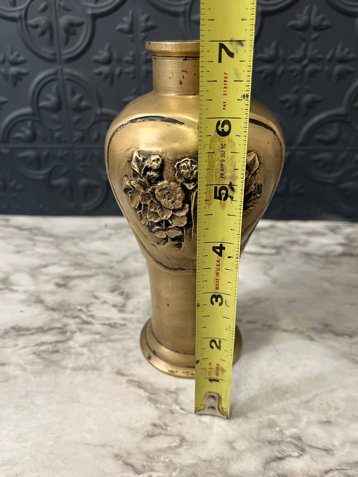 Antique Japanese Brass Vase with Botanicals