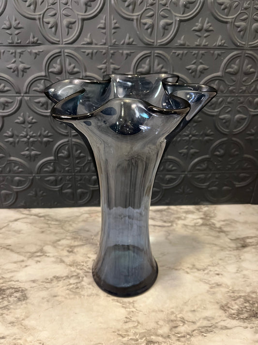 Smokey Blue Glass Vase with Ruffle Top Made in Spain