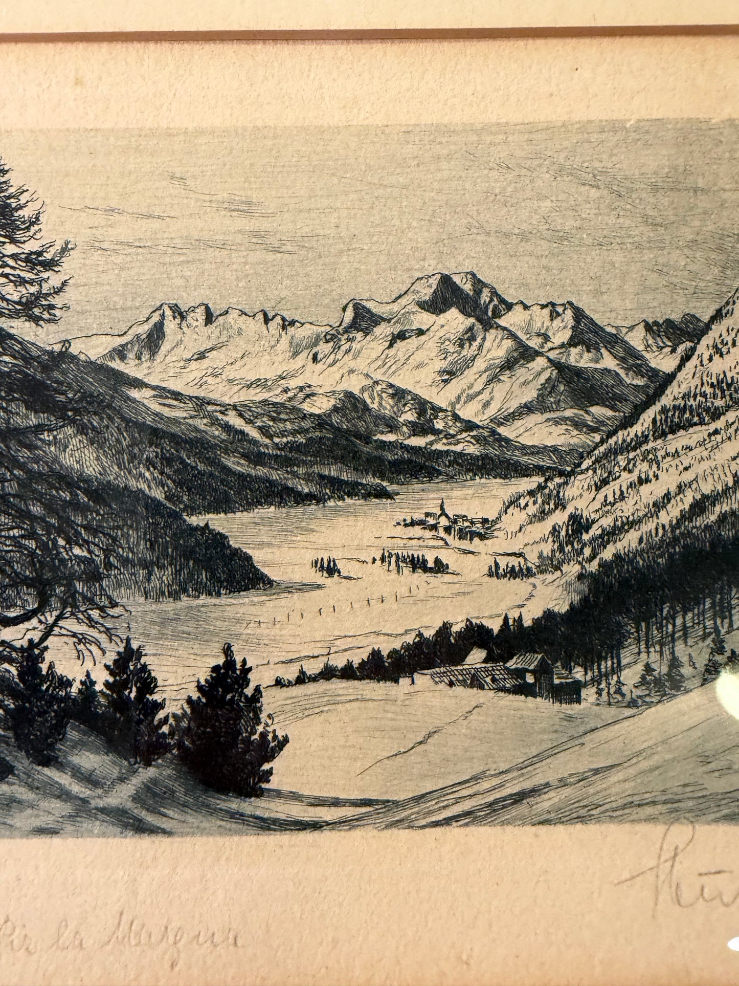 Print of Etching of Swiss Piz La Margna Framed
