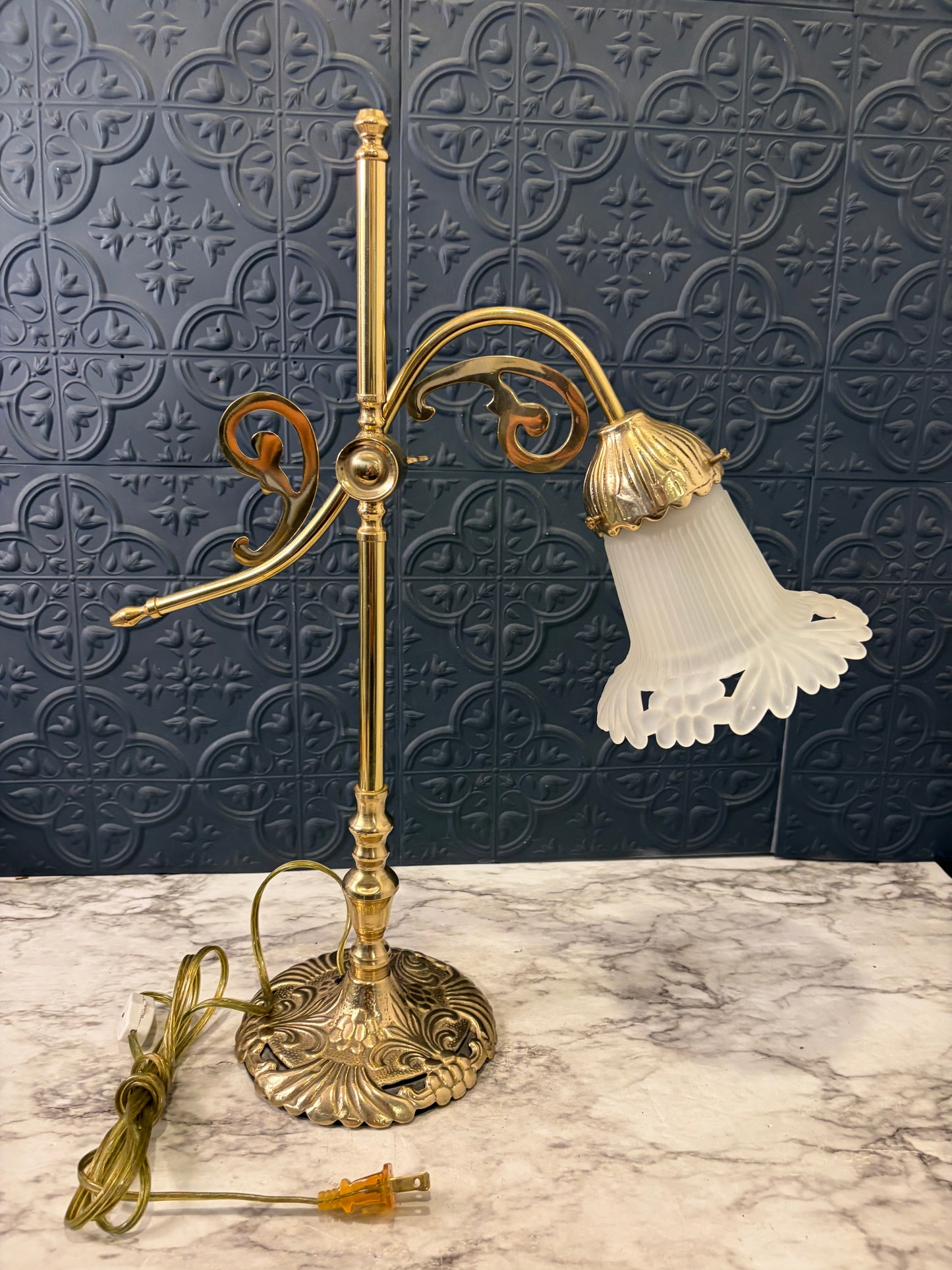 Brass Art Nouveau Style Lamp with Satin Glass Shade