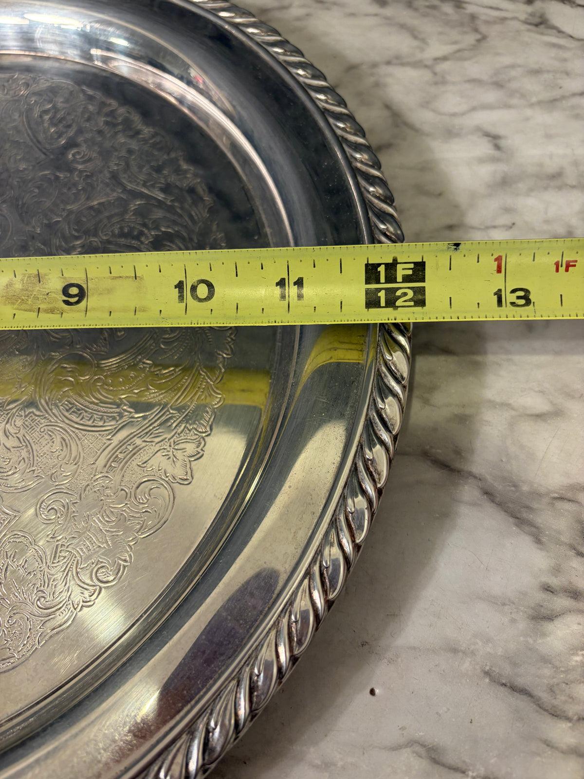 12" Etched Silver Plate Tray with Rope Edge