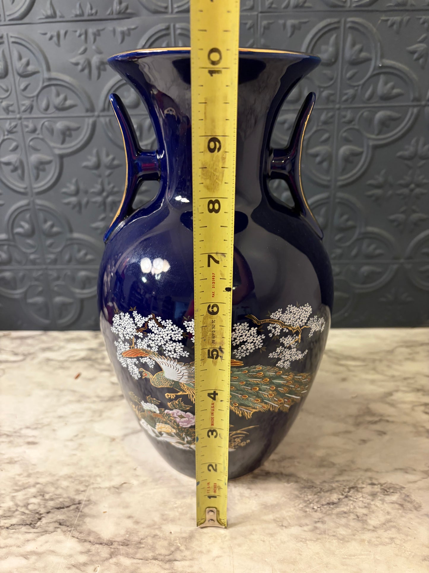 Vintage Cobalt Blue Peacock Vase double handle