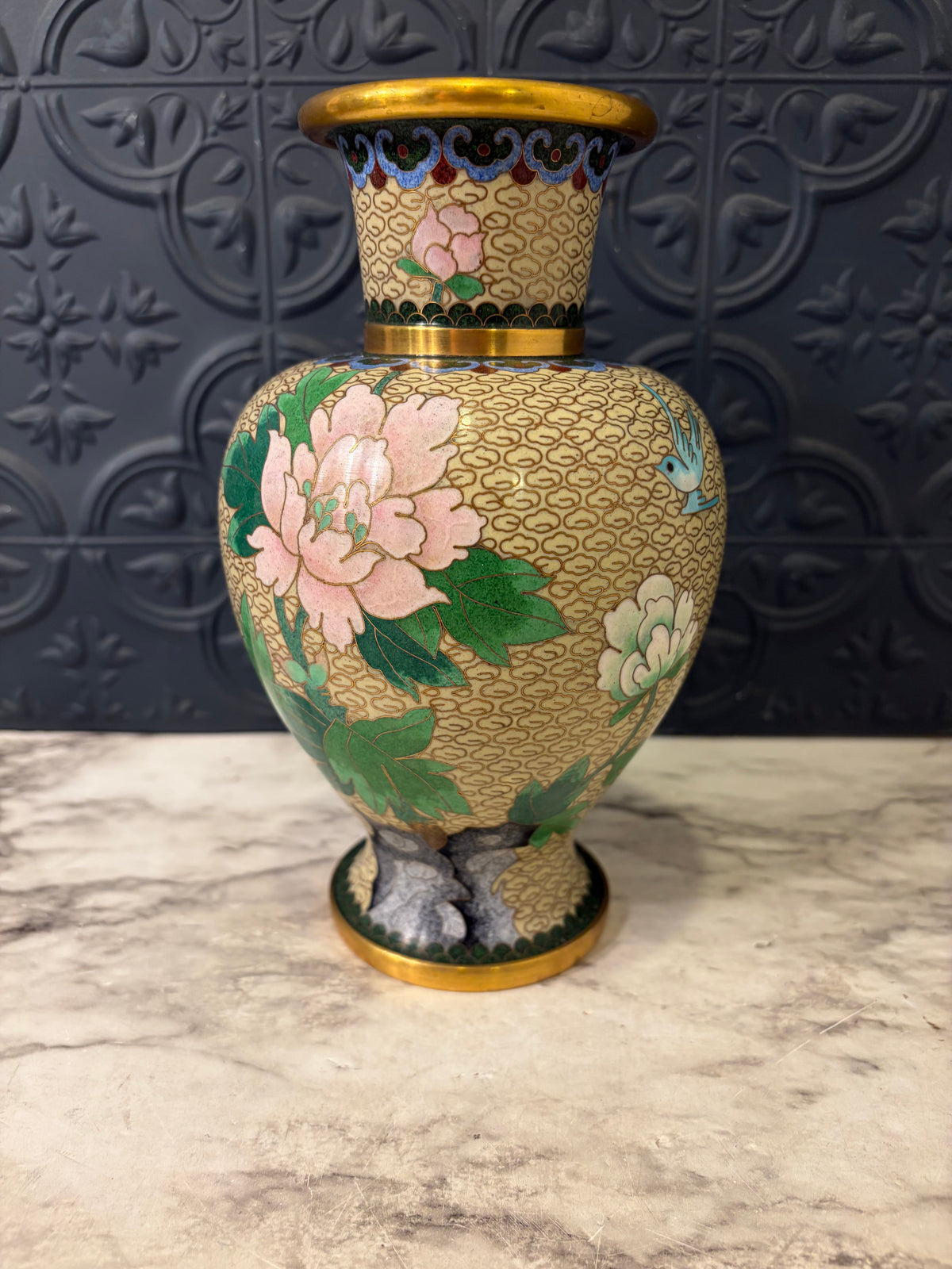 Chinese Cloisonne Vase Pink Peony